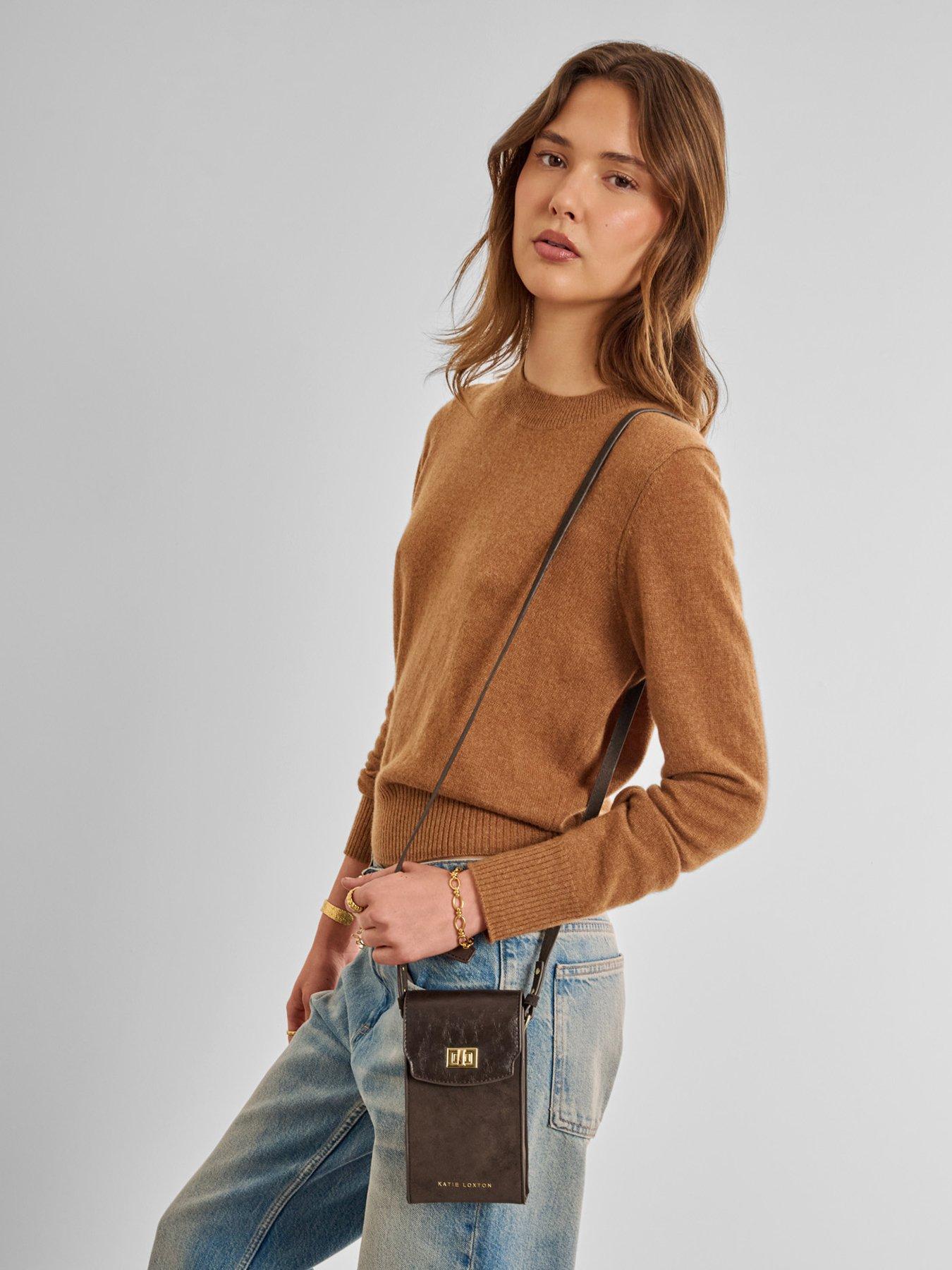 Image 1 of 6 of Katie Loxton Orin Twist Lock Slim Bag - Bitter Chocolate Suedette / Chocolate Distressed