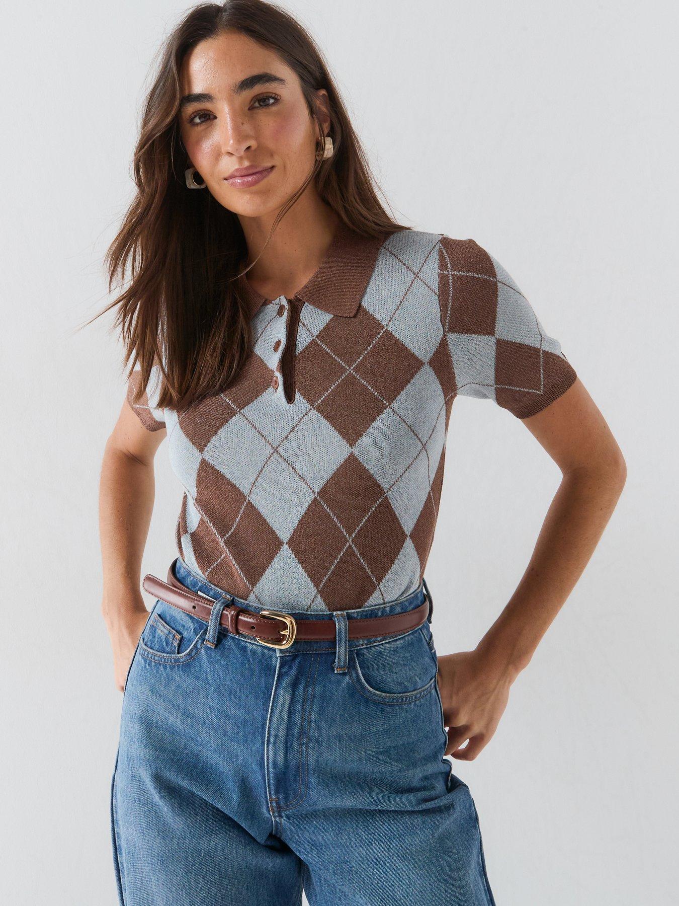Vero Moda Vmdiva Short Sleeve Argyle Jumper  - Brown