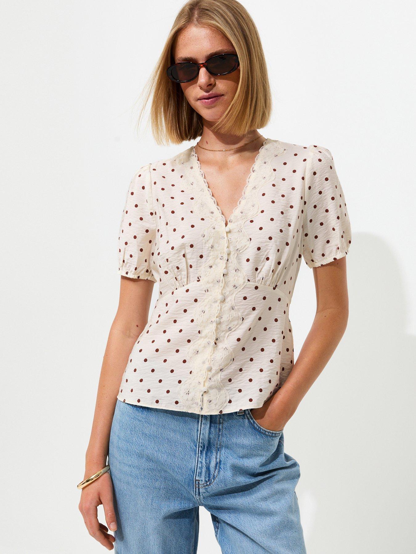Image 1 of 2 of New Look Crinkle Texture Spot Print Lace Trim Button Tea Blouse - Brown