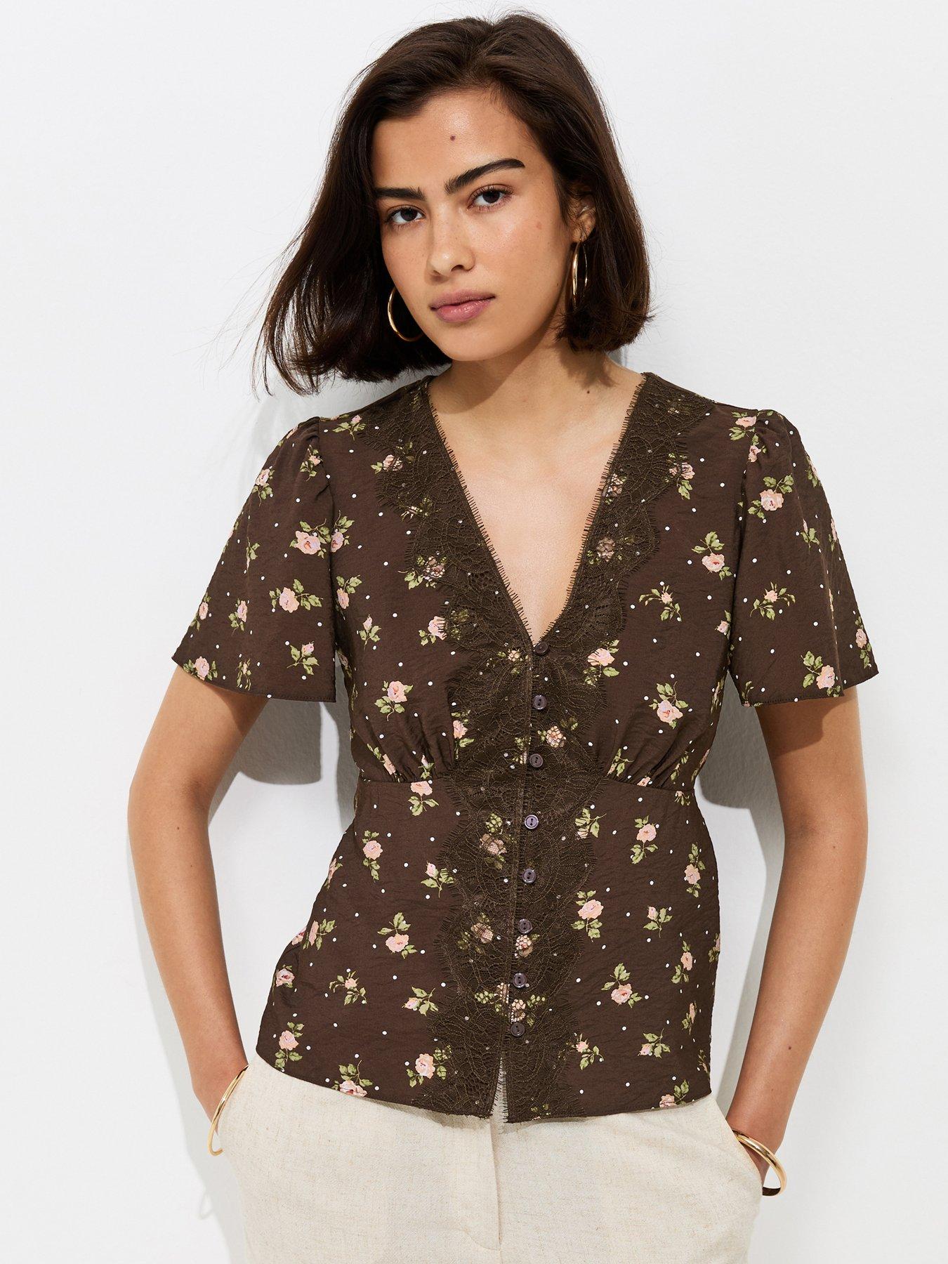 New Look Brown Floral Spot Lace Trim Blouse