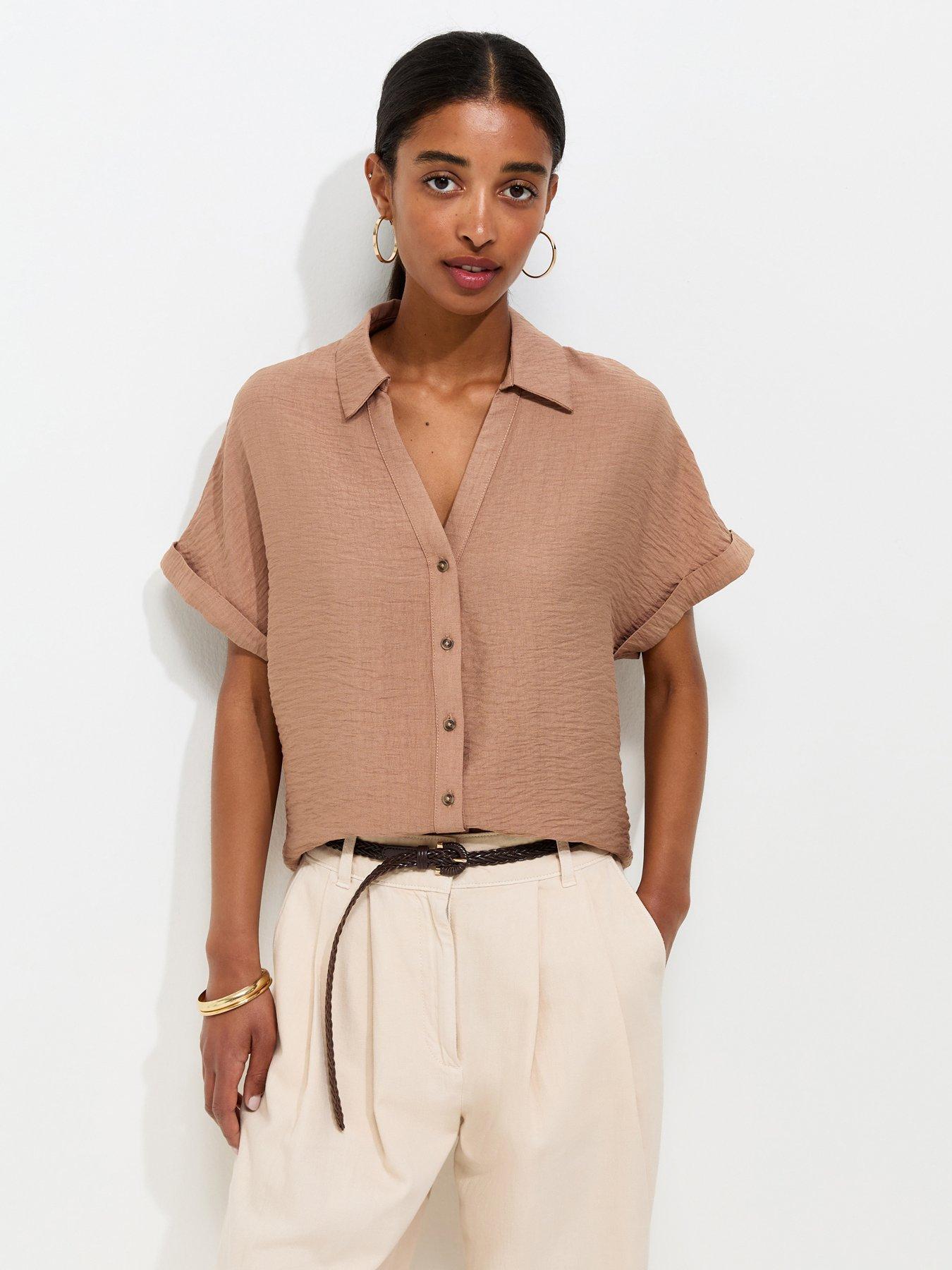 New Look Mink Crinkle Texture V-Neck Short Sleeve Shirt - Brown