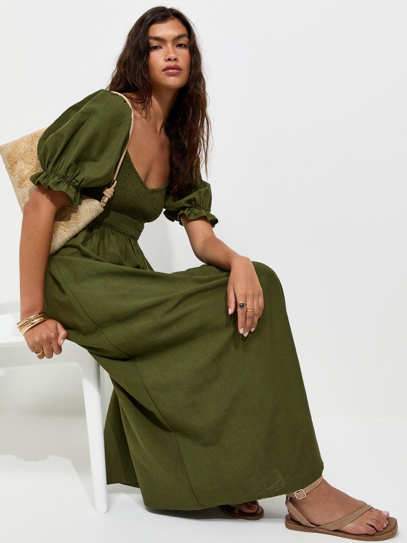 New Look Dark Khaki Shirred Bodice Puff Sleeve Midi Dress