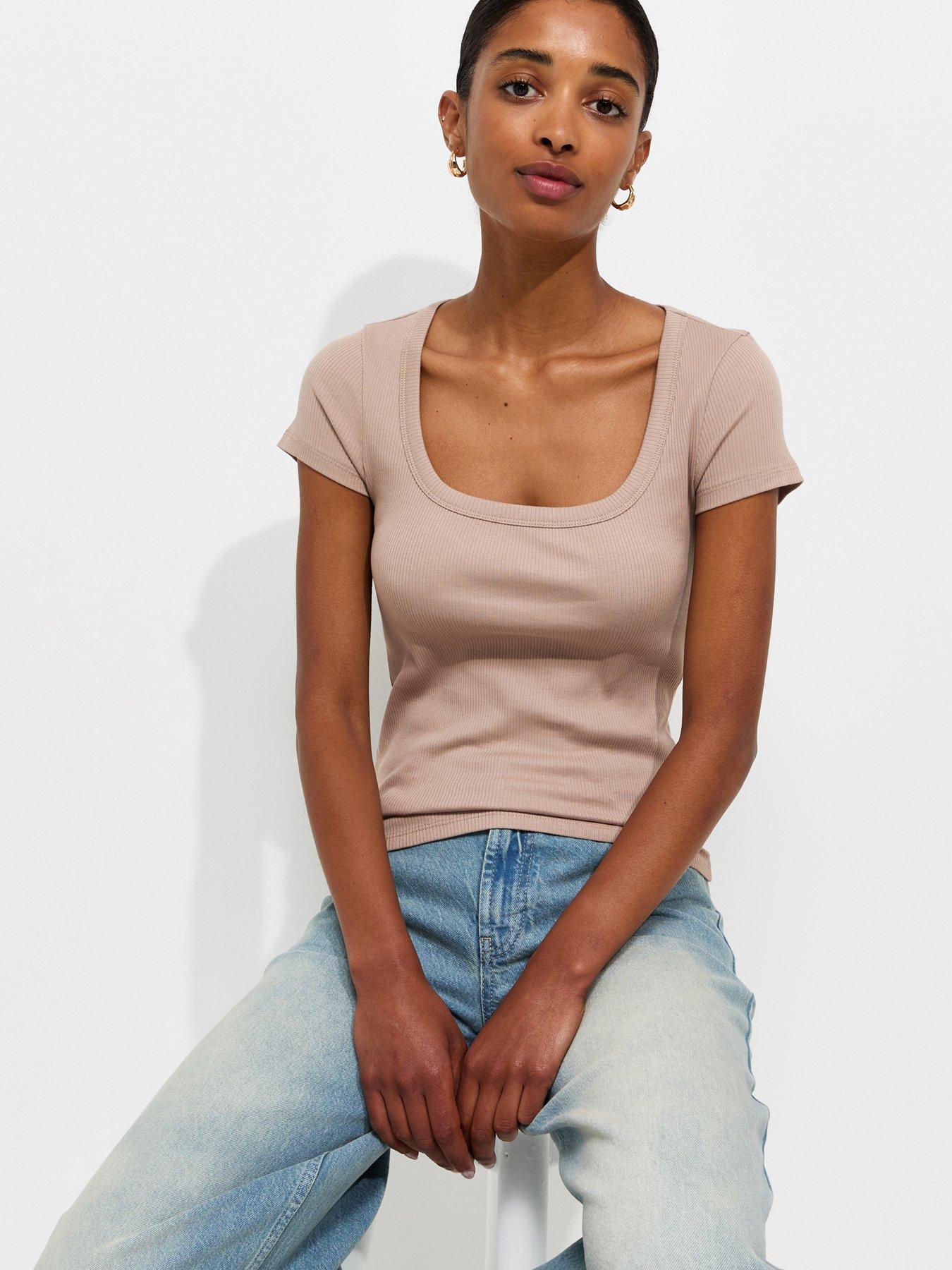 New Look Cotton Rich Square Neck T-Shirt - Beige