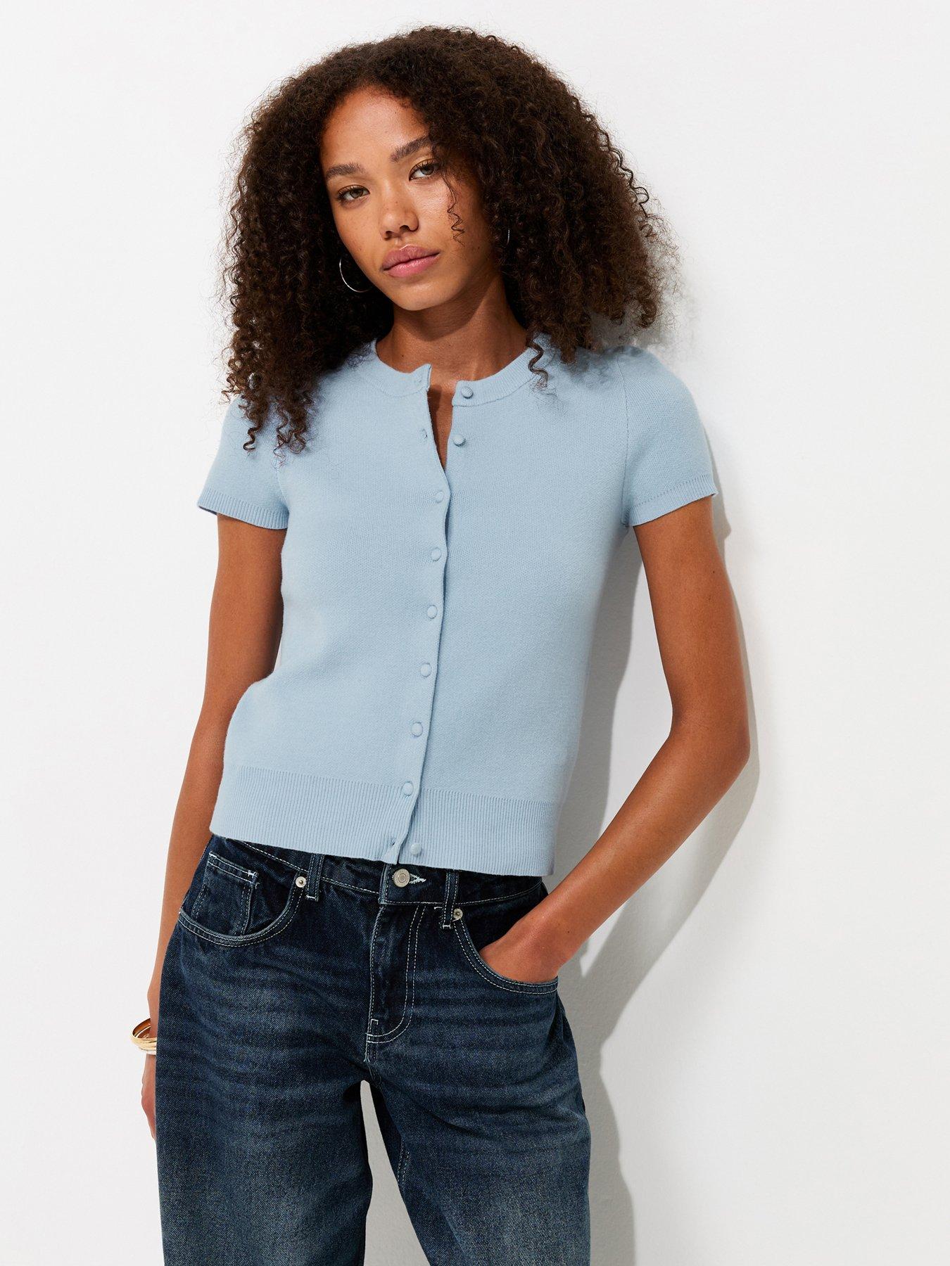 Image 1 of 5 of New Look Compact Knit Cap Sleeve Buttoned Top - Blue