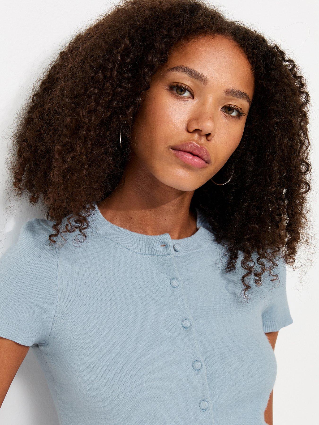 Image 4 of 5 of New Look Compact Knit Cap Sleeve Buttoned Top - Blue