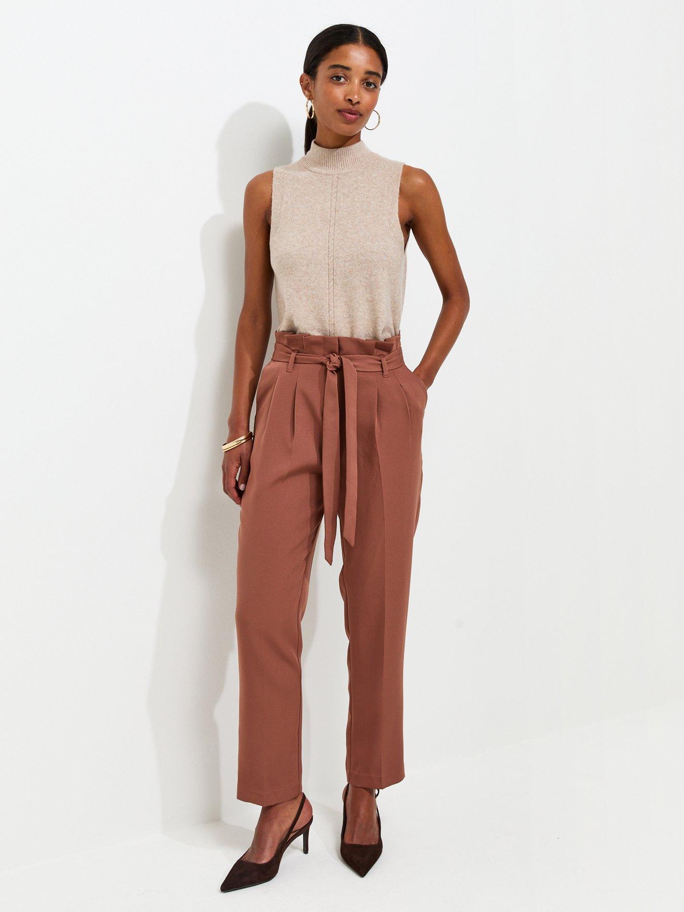 New Look Paperbag Waist Tie Front Trousers - Brown