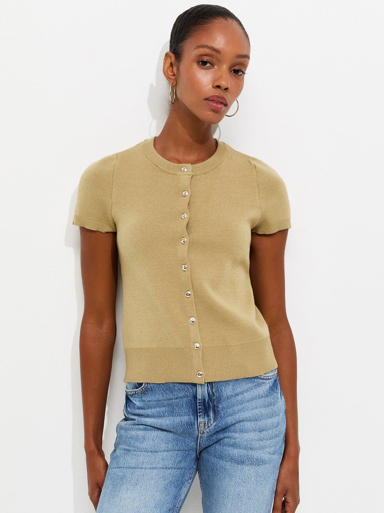 Image 1 of 5 of New Look Compact Knit Cap Sleeve Buttoned Top - Green