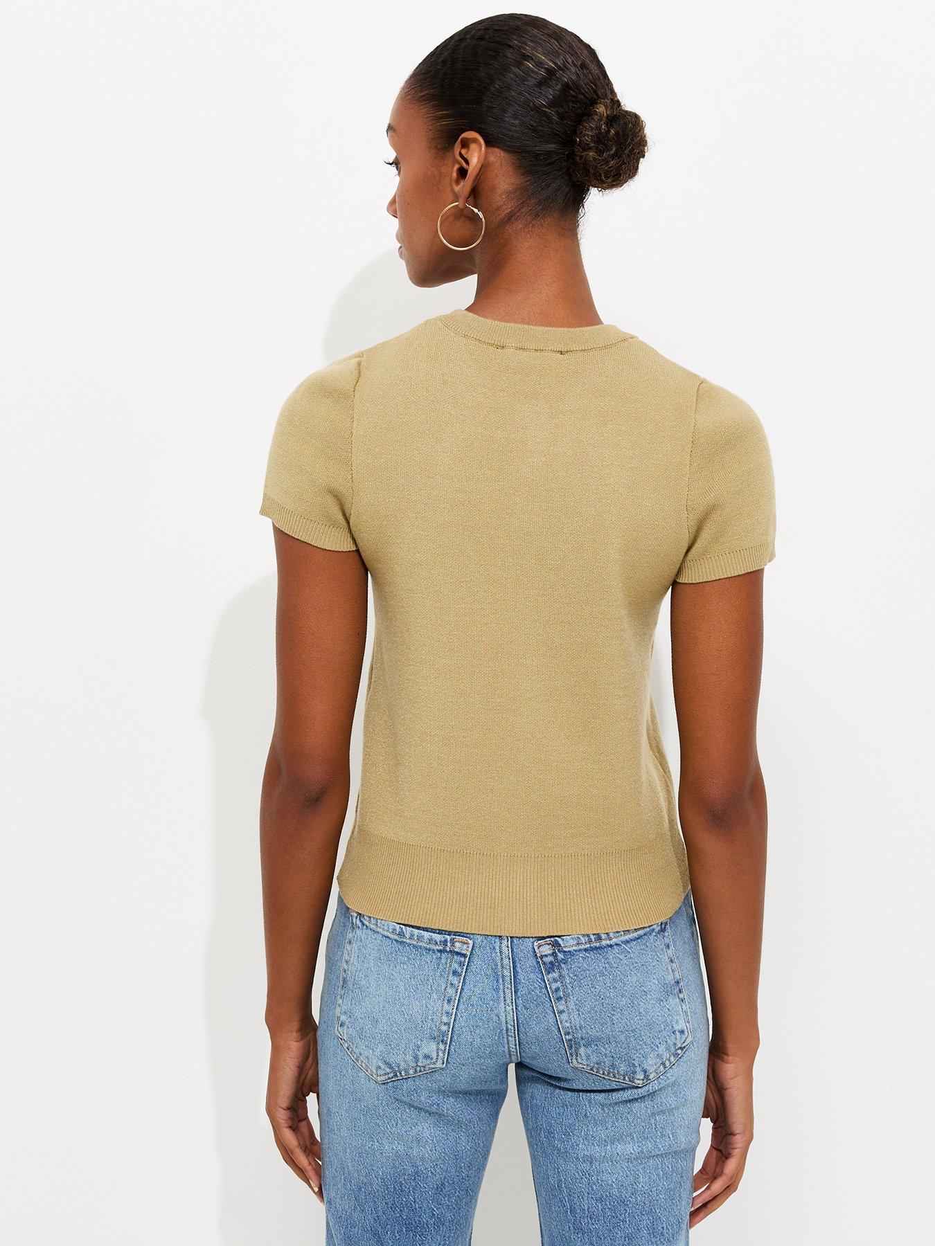 Image 2 of 5 of New Look Compact Knit Cap Sleeve Buttoned Top - Green