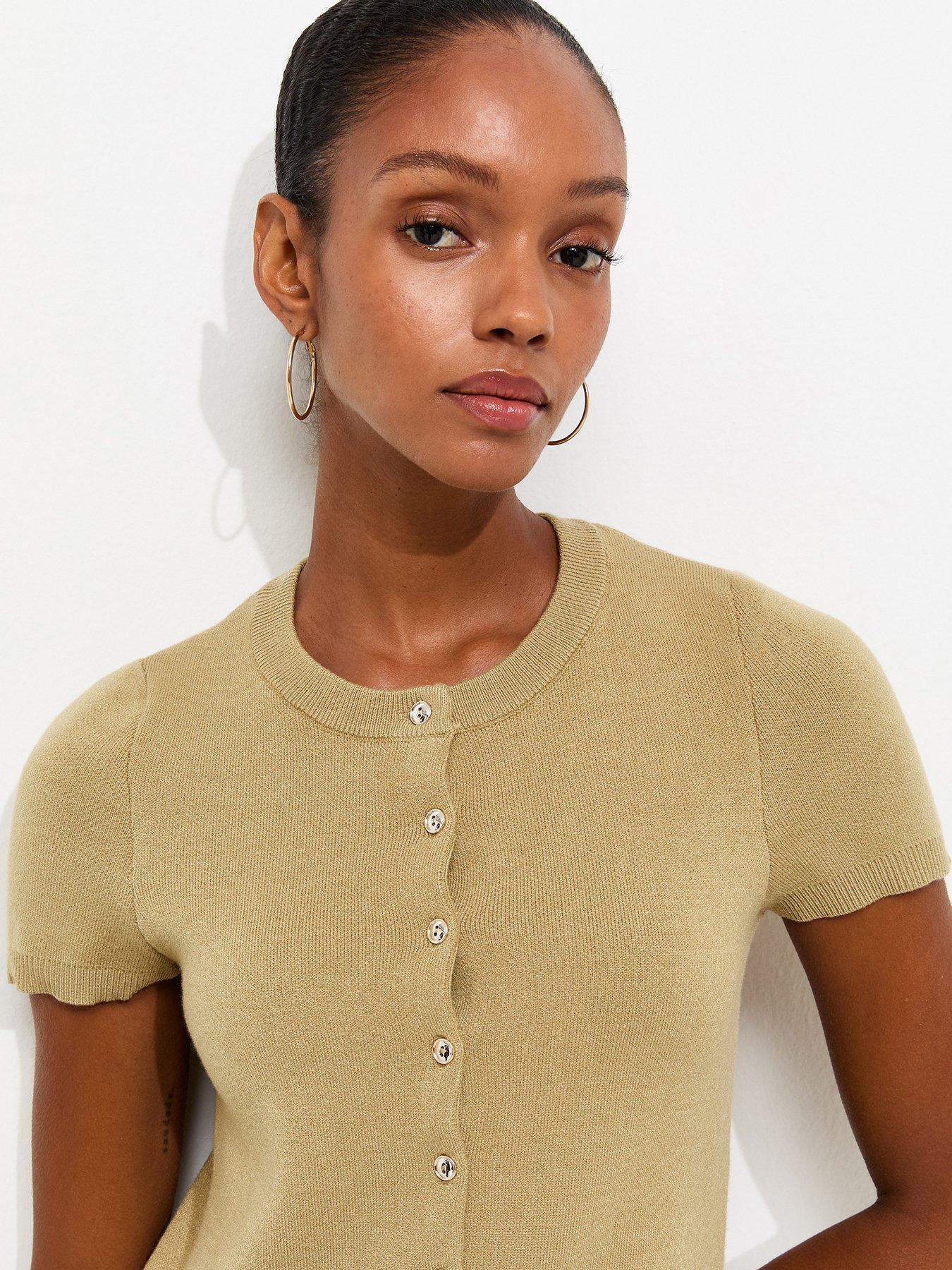 Image 4 of 5 of New Look Compact Knit Cap Sleeve Buttoned Top - Green
