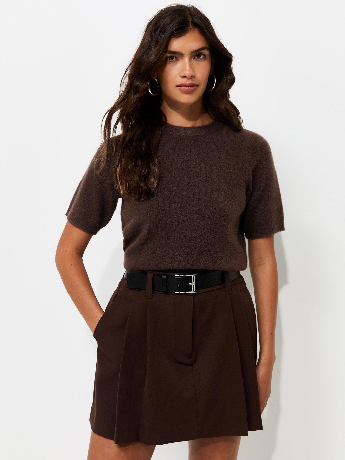 New Look Belted Tailored Pleated Mini Skirt - Brown