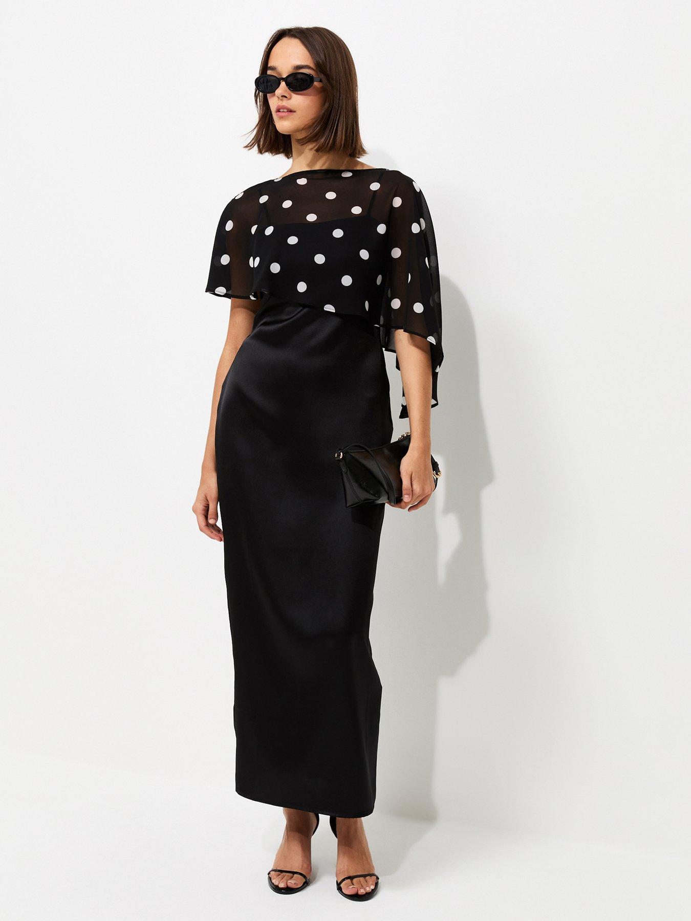 New Look Black Satin Spot Print Cape Midi Dress