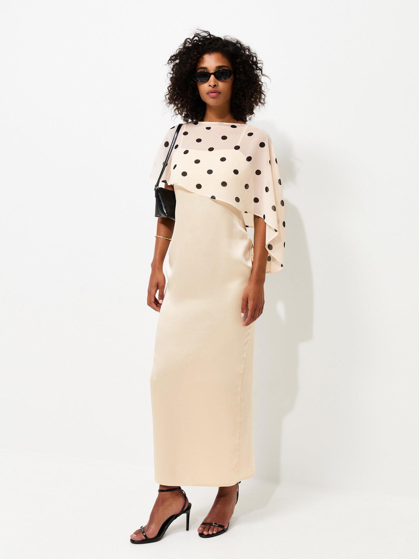 New Look Cream Satin Spot Print Cape Midi Dress