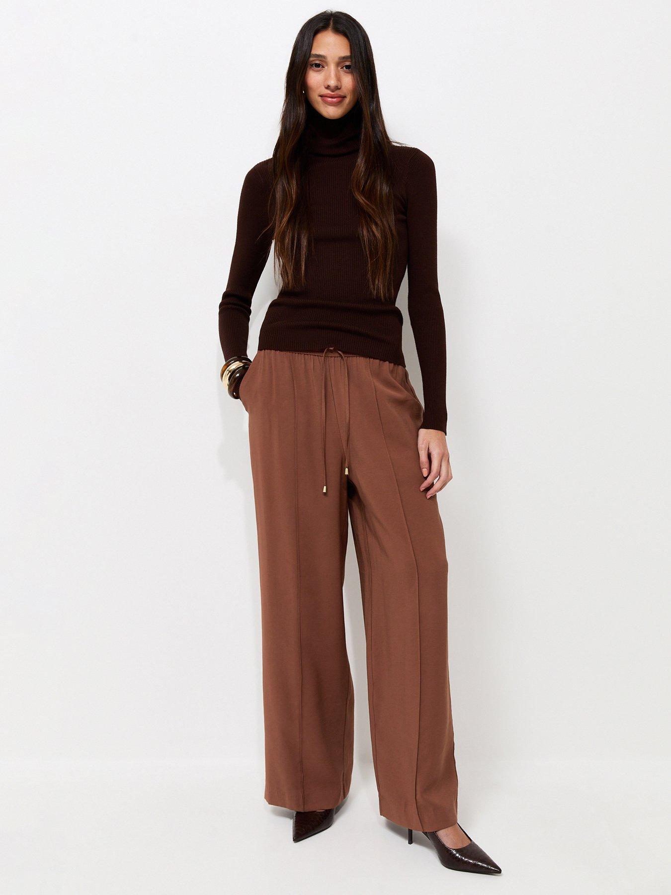 Image 1 of 5 of New Look Drawstring Front Crease Wide Leg Trousers - Brown