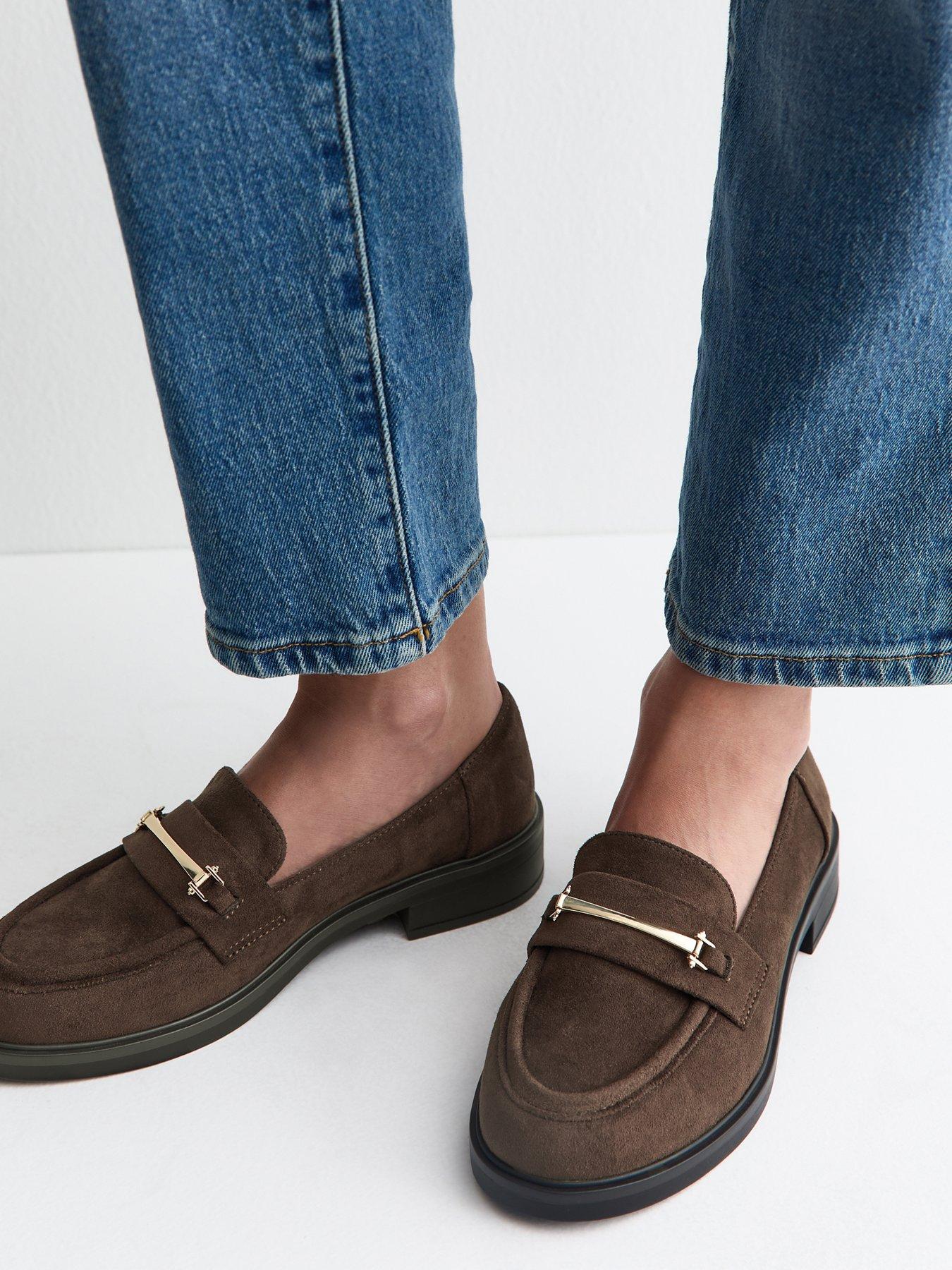 New Look Wide Fit Faux Suede Metallic Strap Loafers - Brown