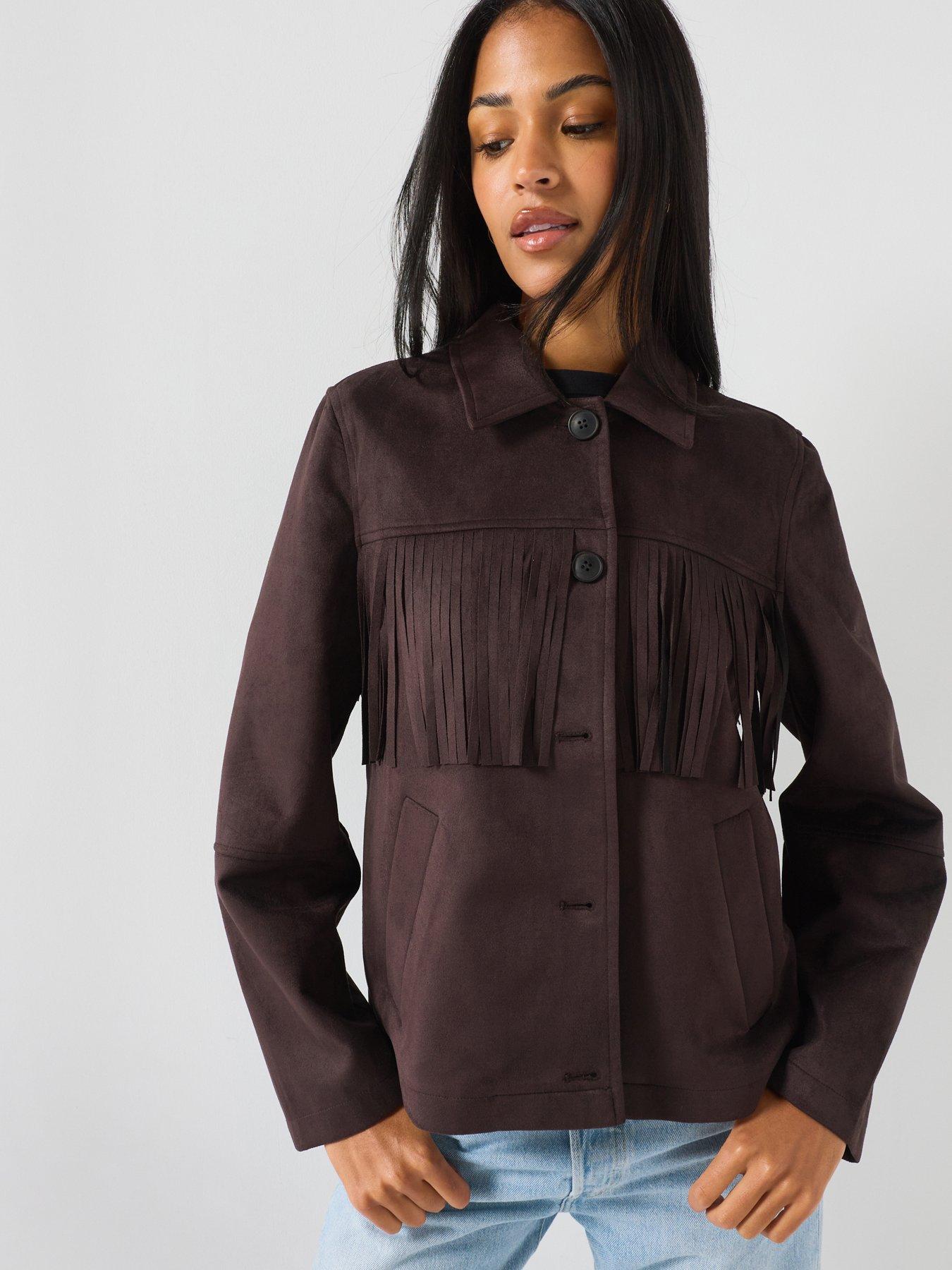 Image 1 of 5 of Vero Moda Womens Fringed Button-front Jacket - Chocolate Torte
