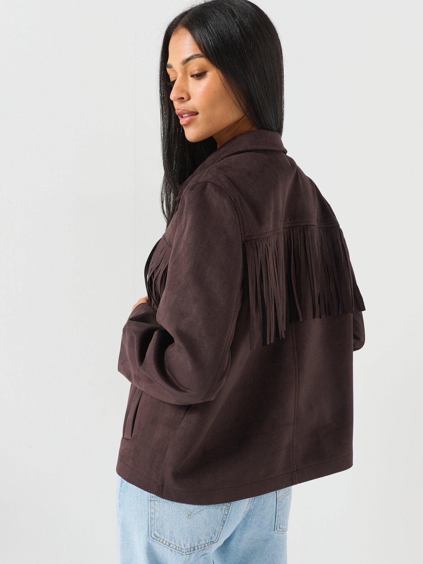 Image 2 of 5 of Vero Moda Womens Fringed Button-front Jacket - Chocolate Torte
