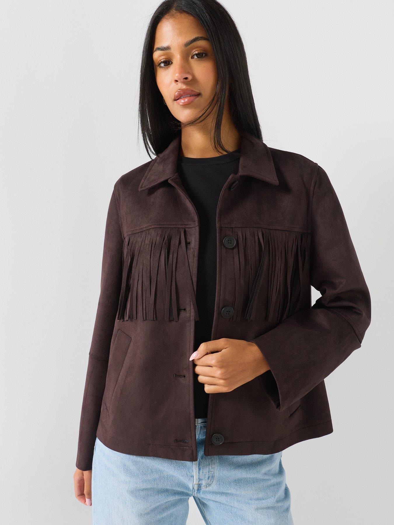Image 4 of 5 of Vero Moda Womens Fringed Button-front Jacket - Chocolate Torte