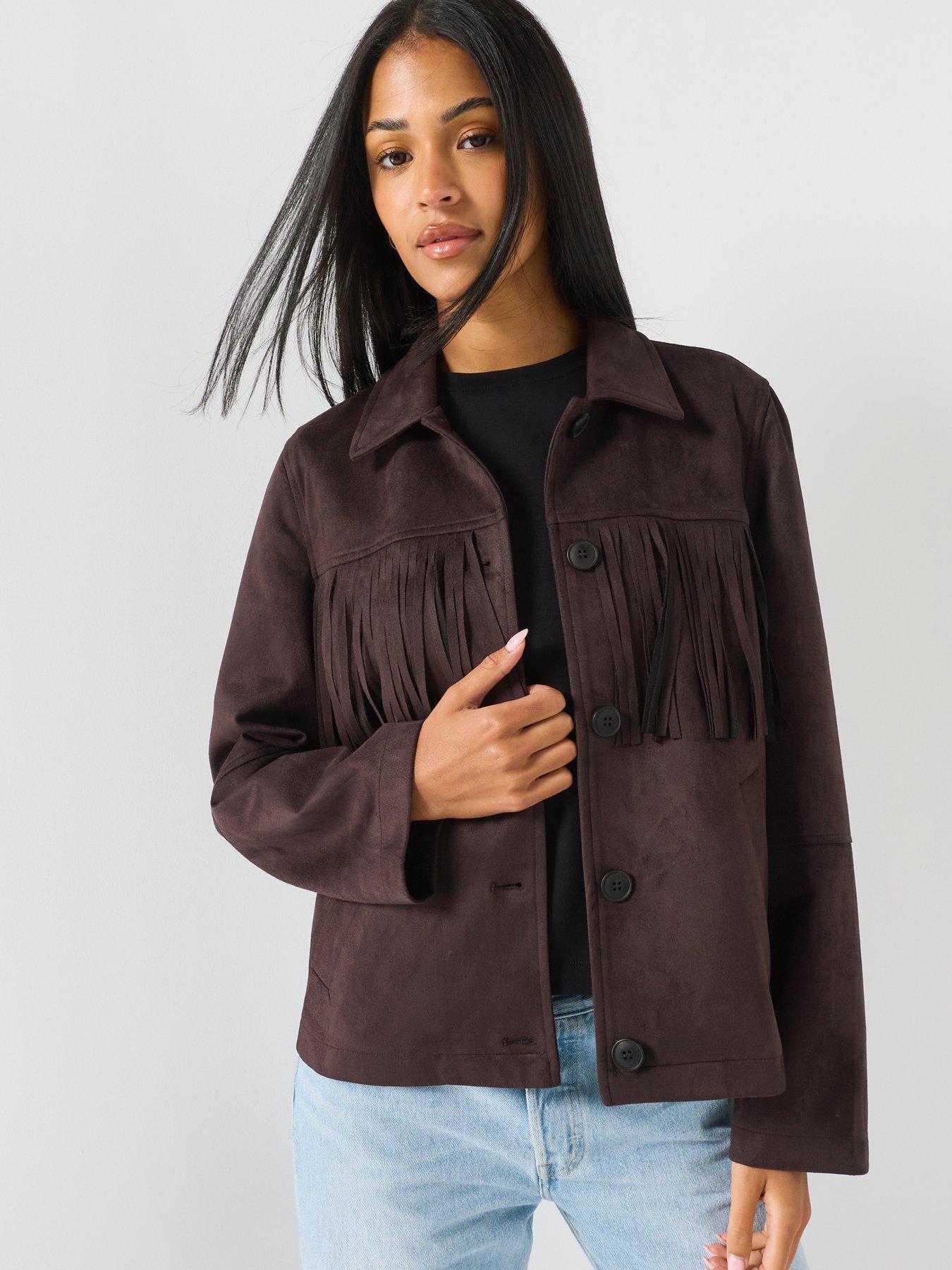 Image 5 of 5 of Vero Moda Womens Fringed Button-front Jacket - Chocolate Torte