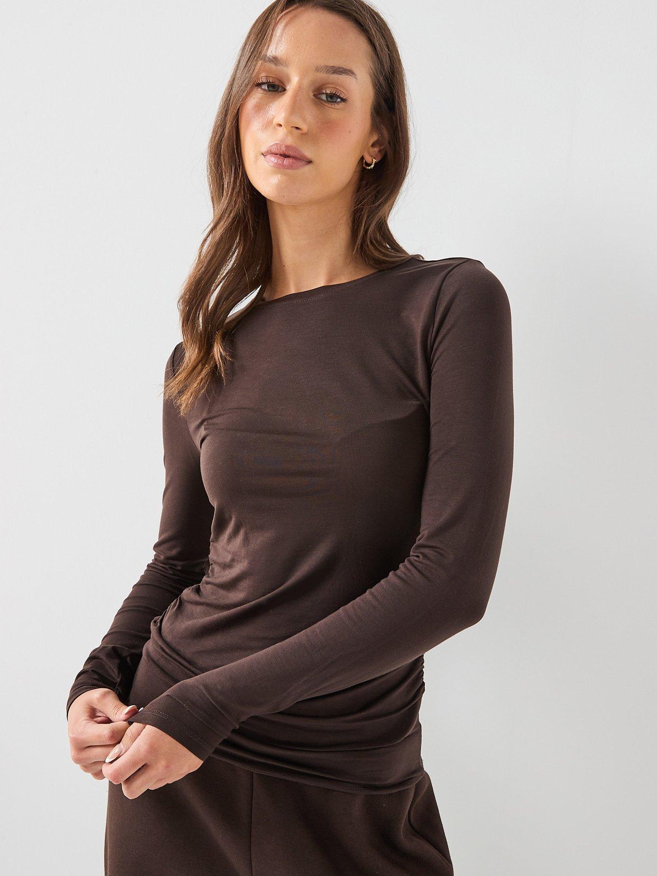 Vero Moda Long Sleeve Ruched Side Top - Brown