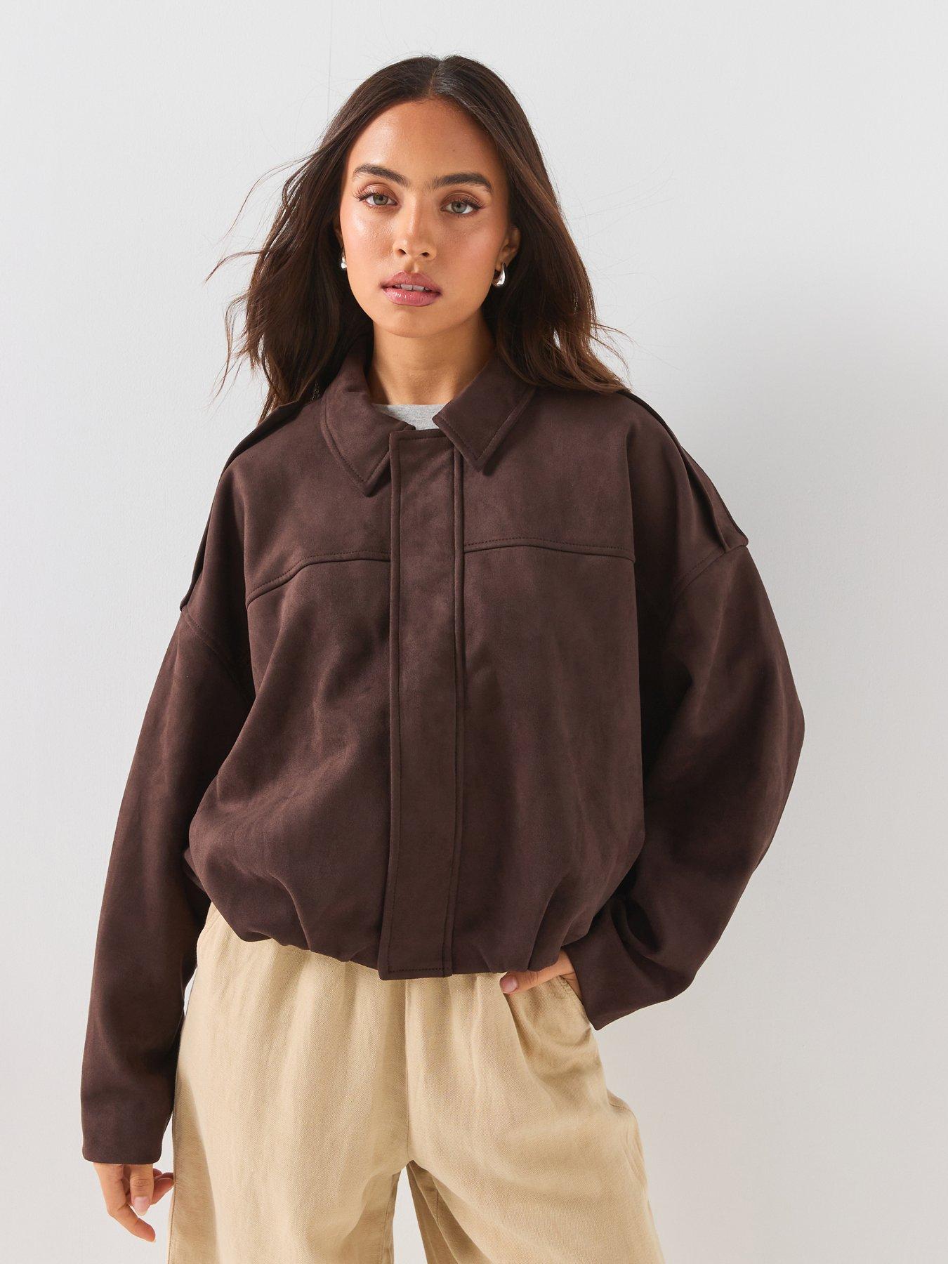 Image 1 of 6 of Only Chocolate Brown Faux Suede Bomber Jacket