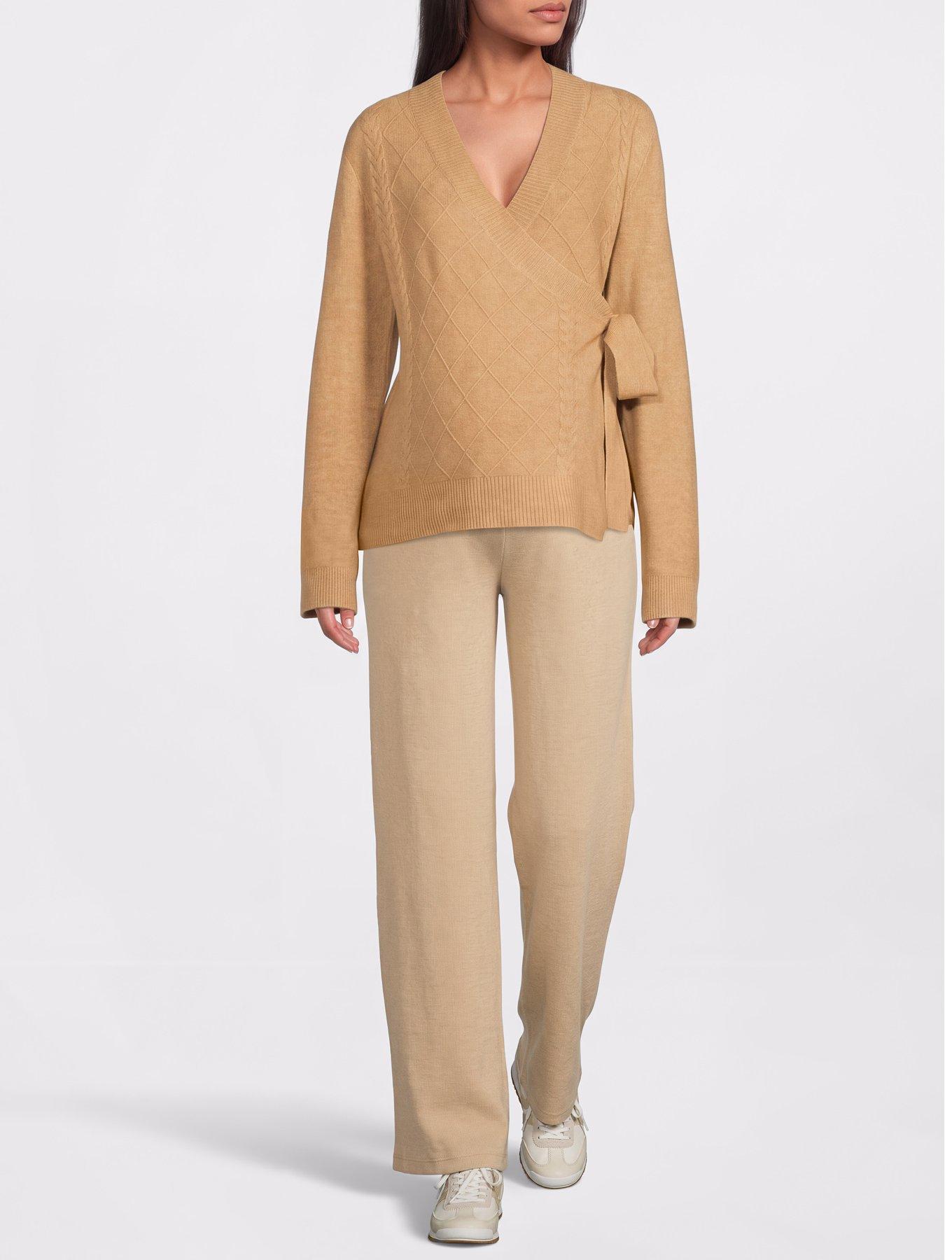 Image 3 of 5 of Mamalicious Womens Maternity High Waist Wide Leg Trousers - Beige