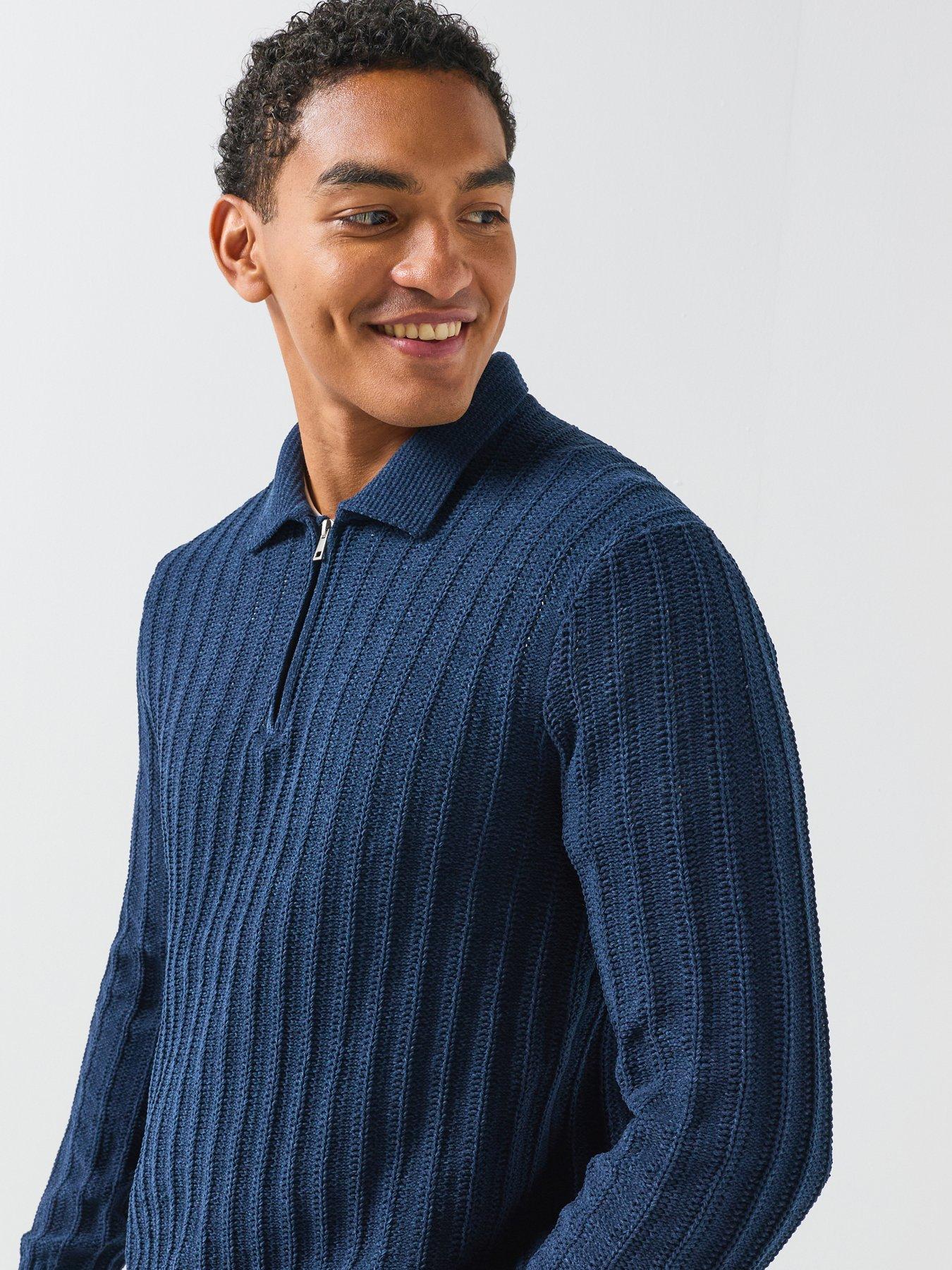 ONLY & SONS Mens Quarter Zip Ribbed Knit Long Sleeve Polo Shirt, Blue, Size L, Men