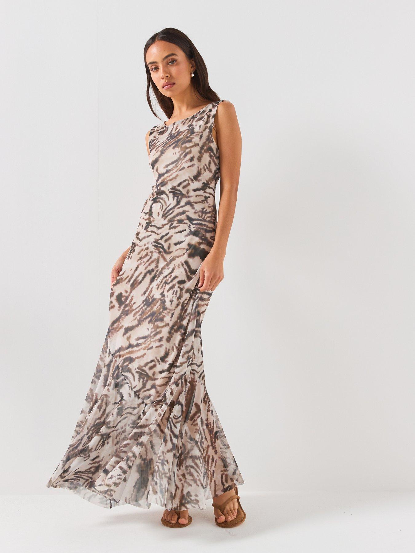 Image 1 of 6 of JDY Printed Cowl Neck Midi Dress with Flowing Silhouette - Beige