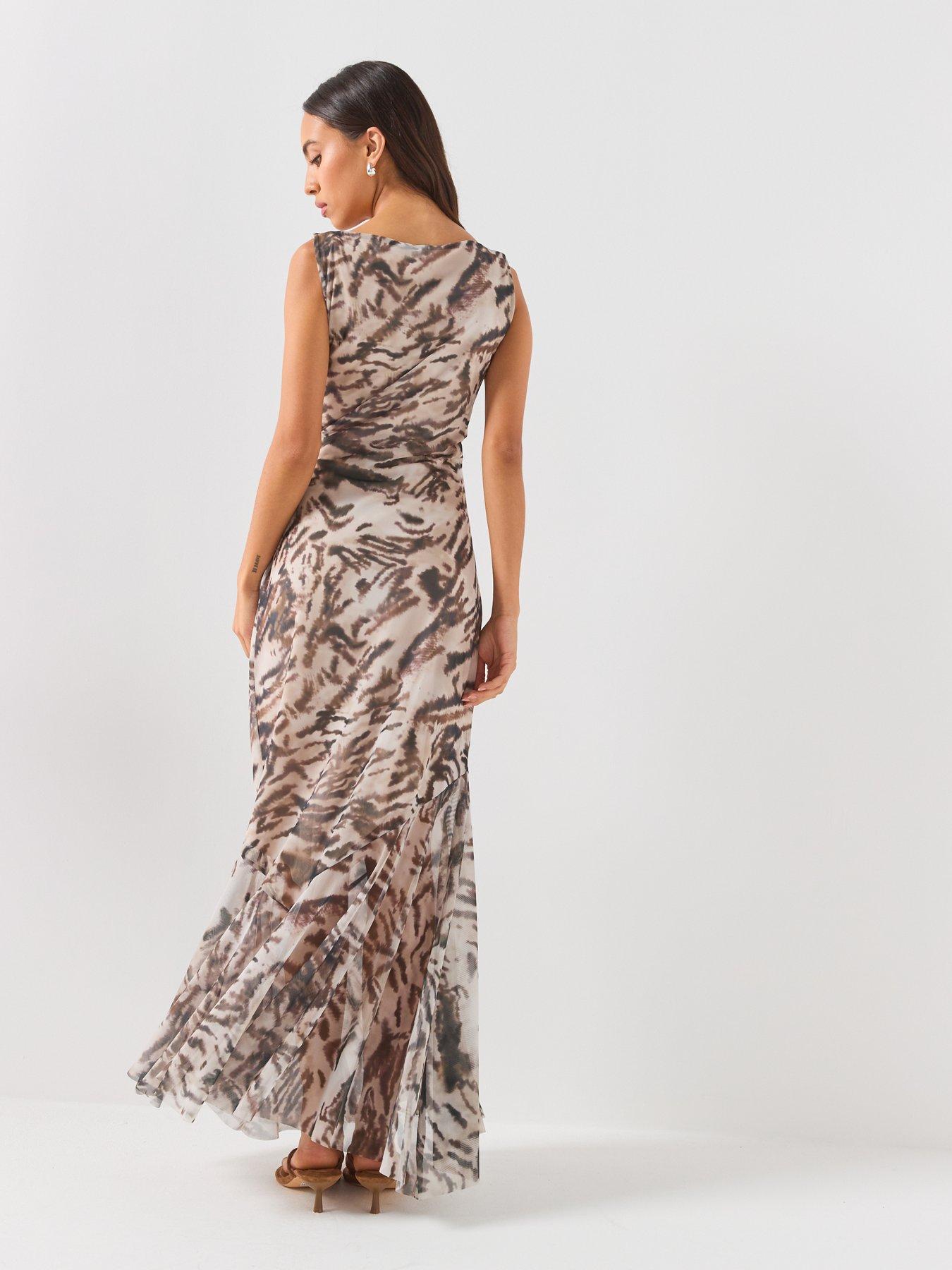 Image 2 of 6 of JDY Printed Cowl Neck Midi Dress with Flowing Silhouette - Beige