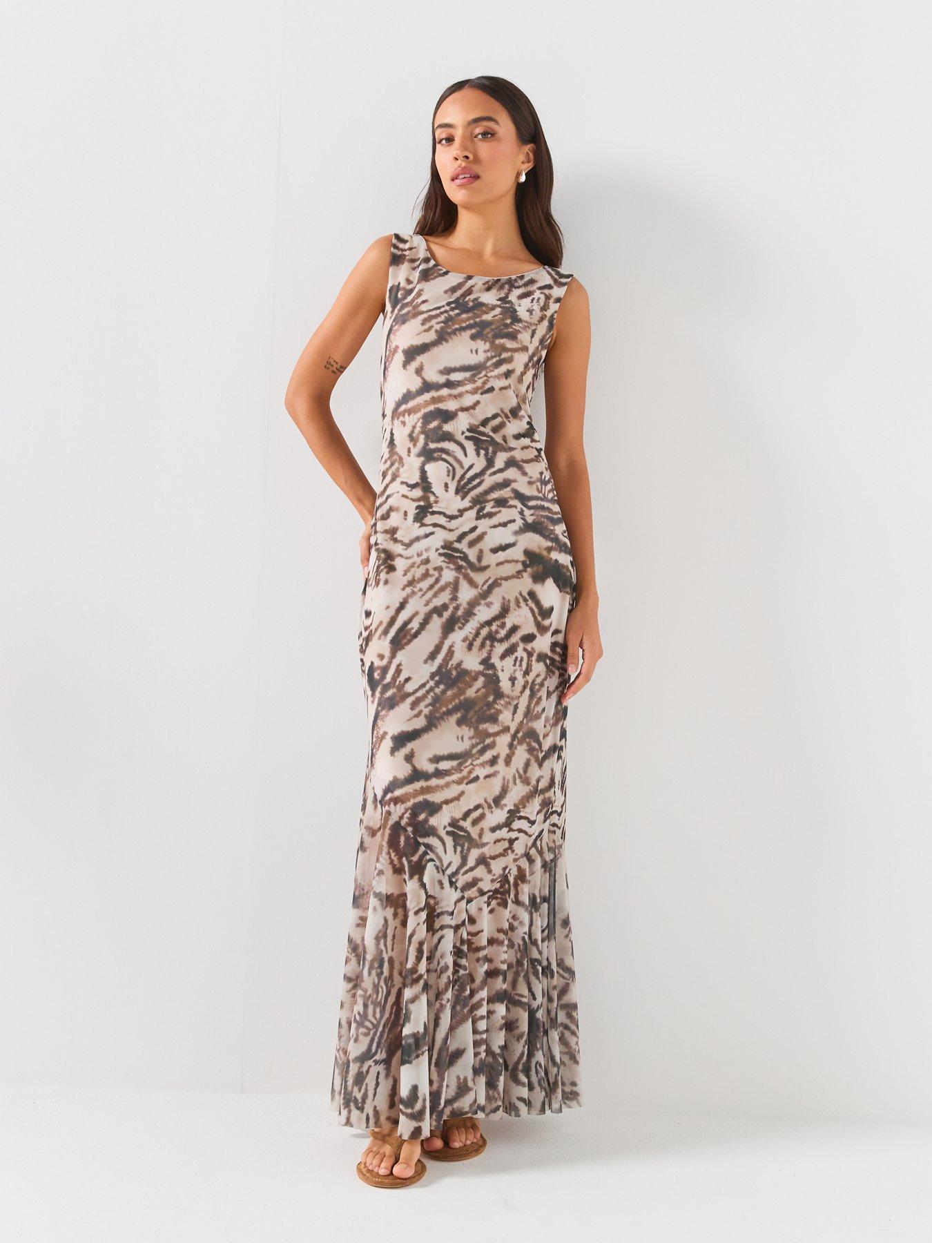 Image 3 of 6 of JDY Printed Cowl Neck Midi Dress with Flowing Silhouette - Beige