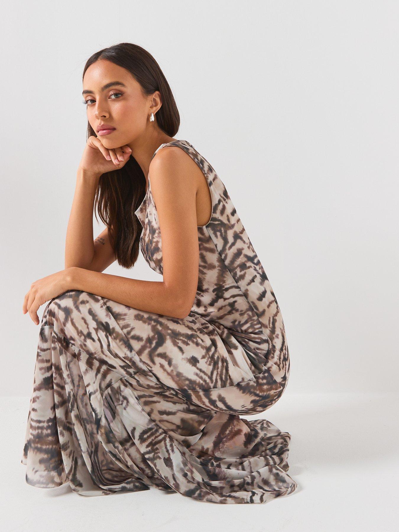 Image 4 of 6 of JDY Printed Cowl Neck Midi Dress with Flowing Silhouette - Beige