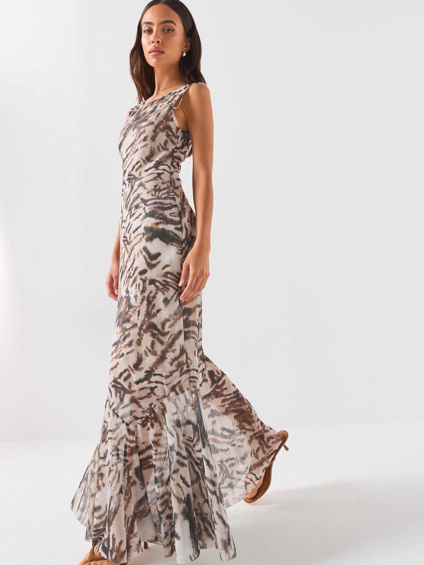 Image 5 of 6 of JDY Printed Cowl Neck Midi Dress with Flowing Silhouette - Beige