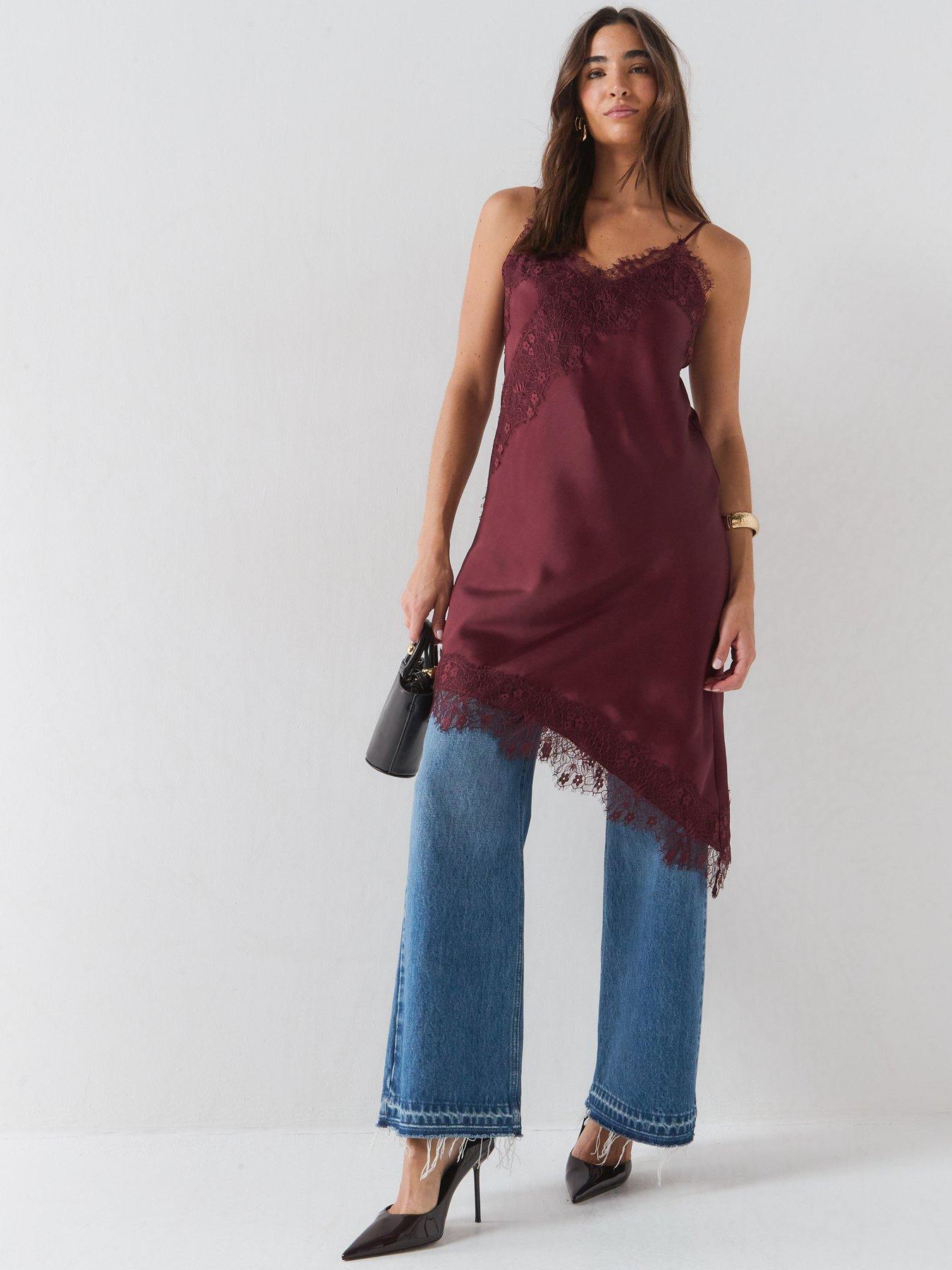 Only Burgundy Satin Aysmmetric Lace Edge Dress