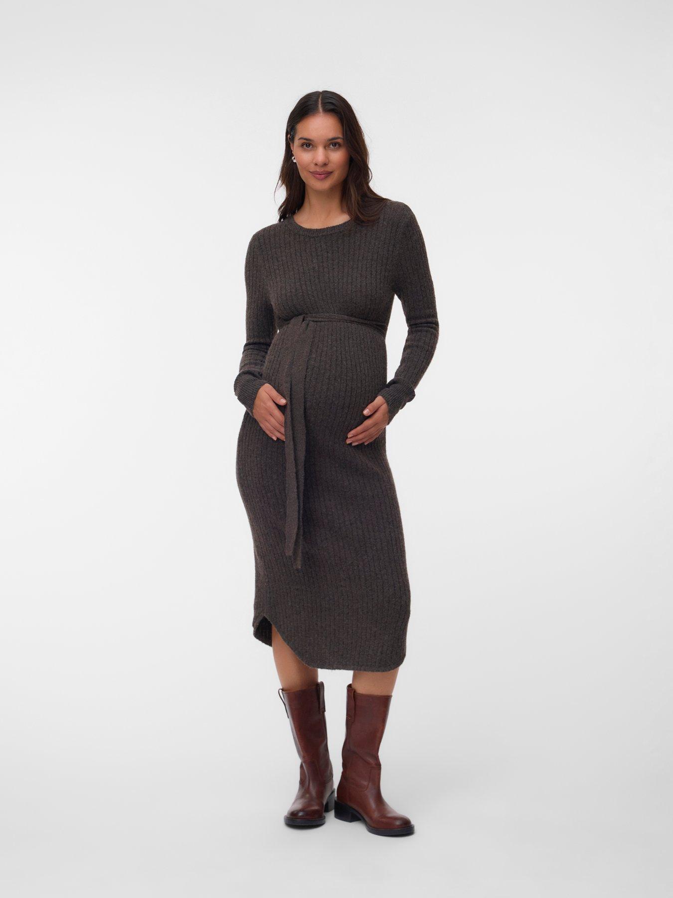 Image 1 of 4 of Mamalicious Mlelin L/S Knit Midi Dress - Brown