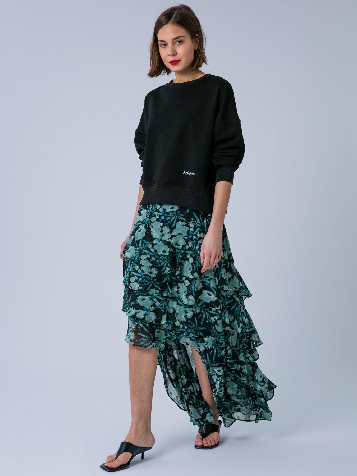 Religion Fae Hi Low Ruffle Occasion skirt in green floral print