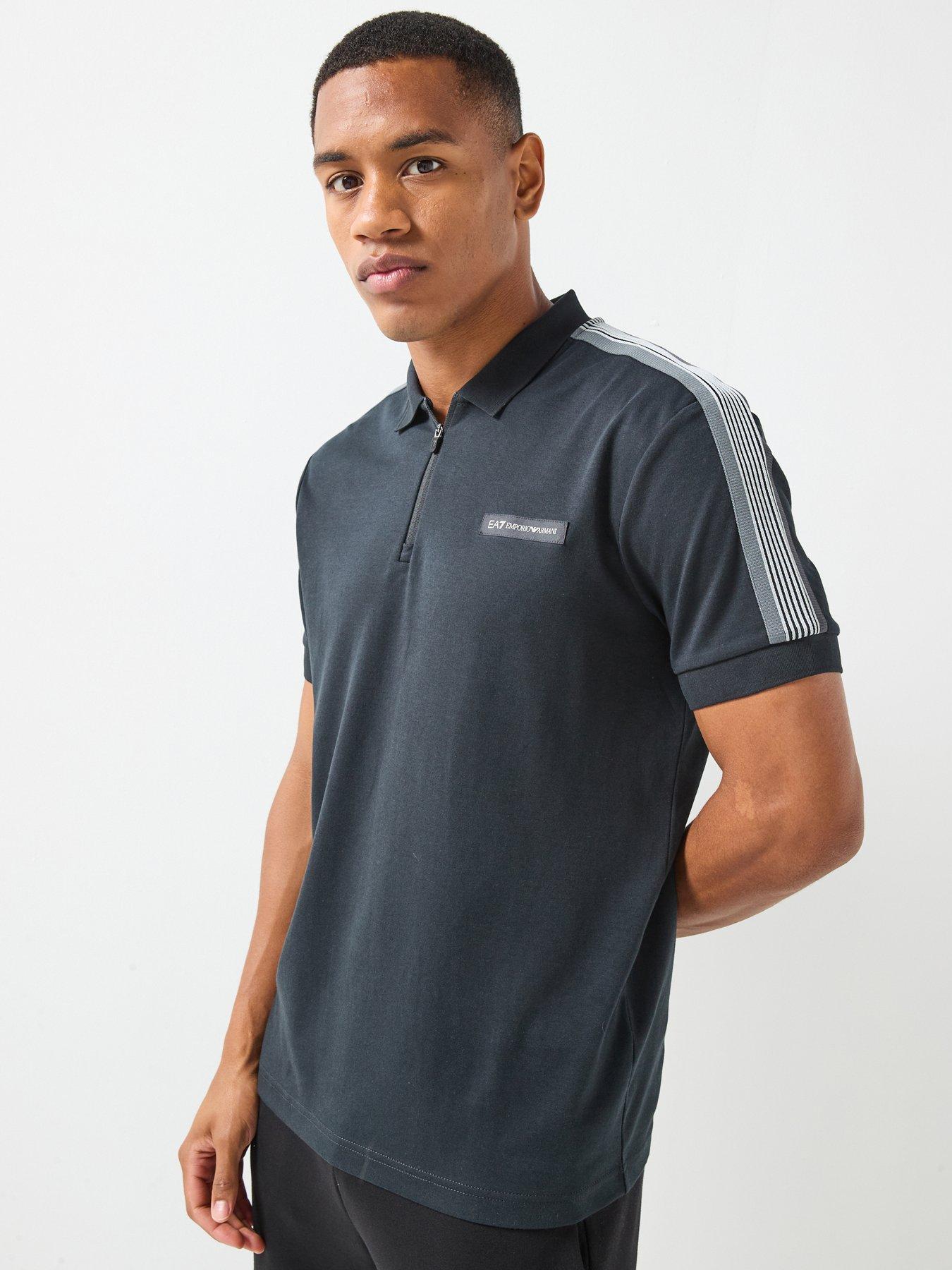 EA7 Emporio Armani 7 Lines Shoulder Tape Zip Neck Polo Shirt, Black, Size L, Men