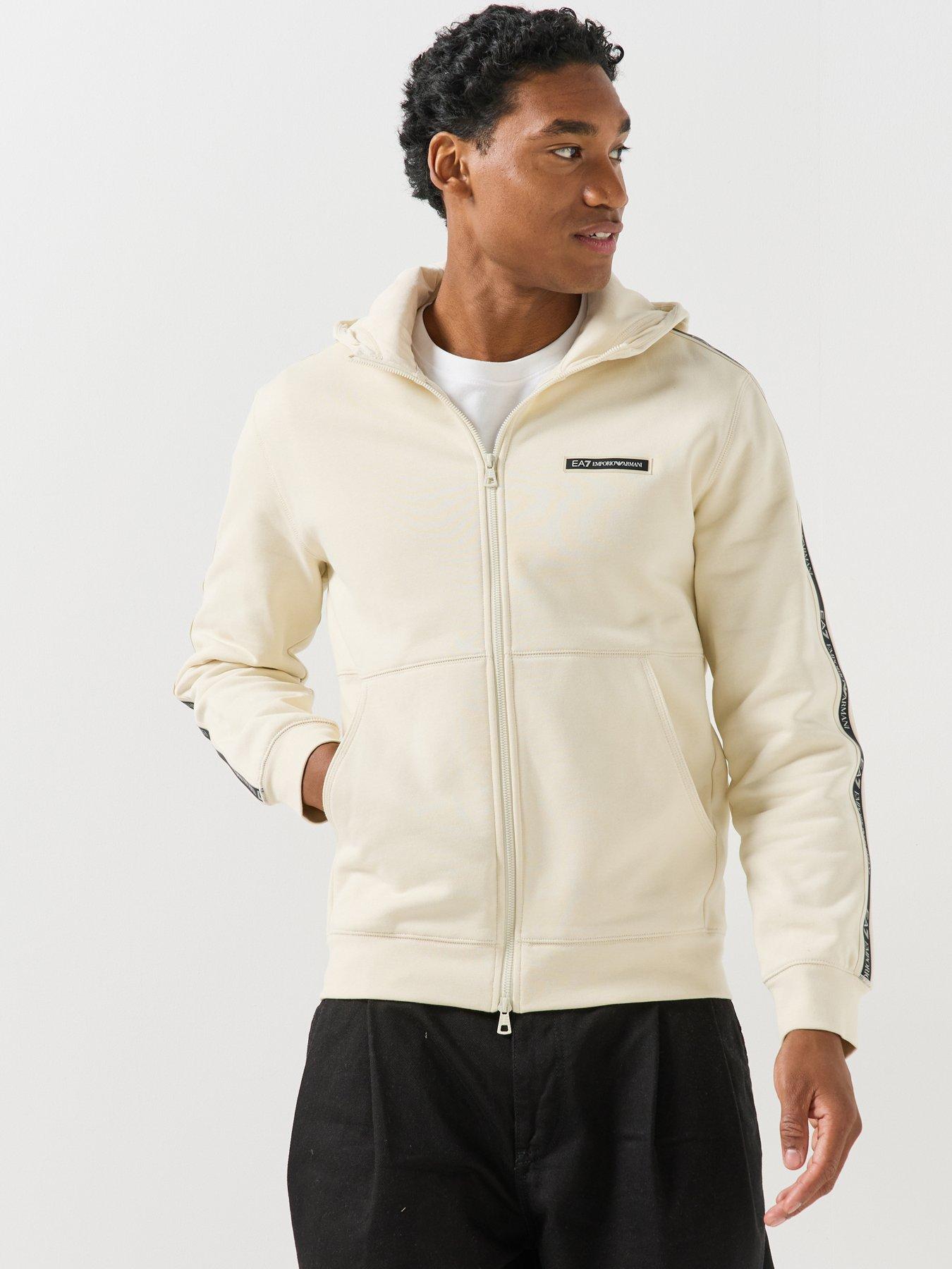 EA7 Emporio Armani Mens Logo Tape Two-Way Zip Hoodie, Light Beige, Size L, Men