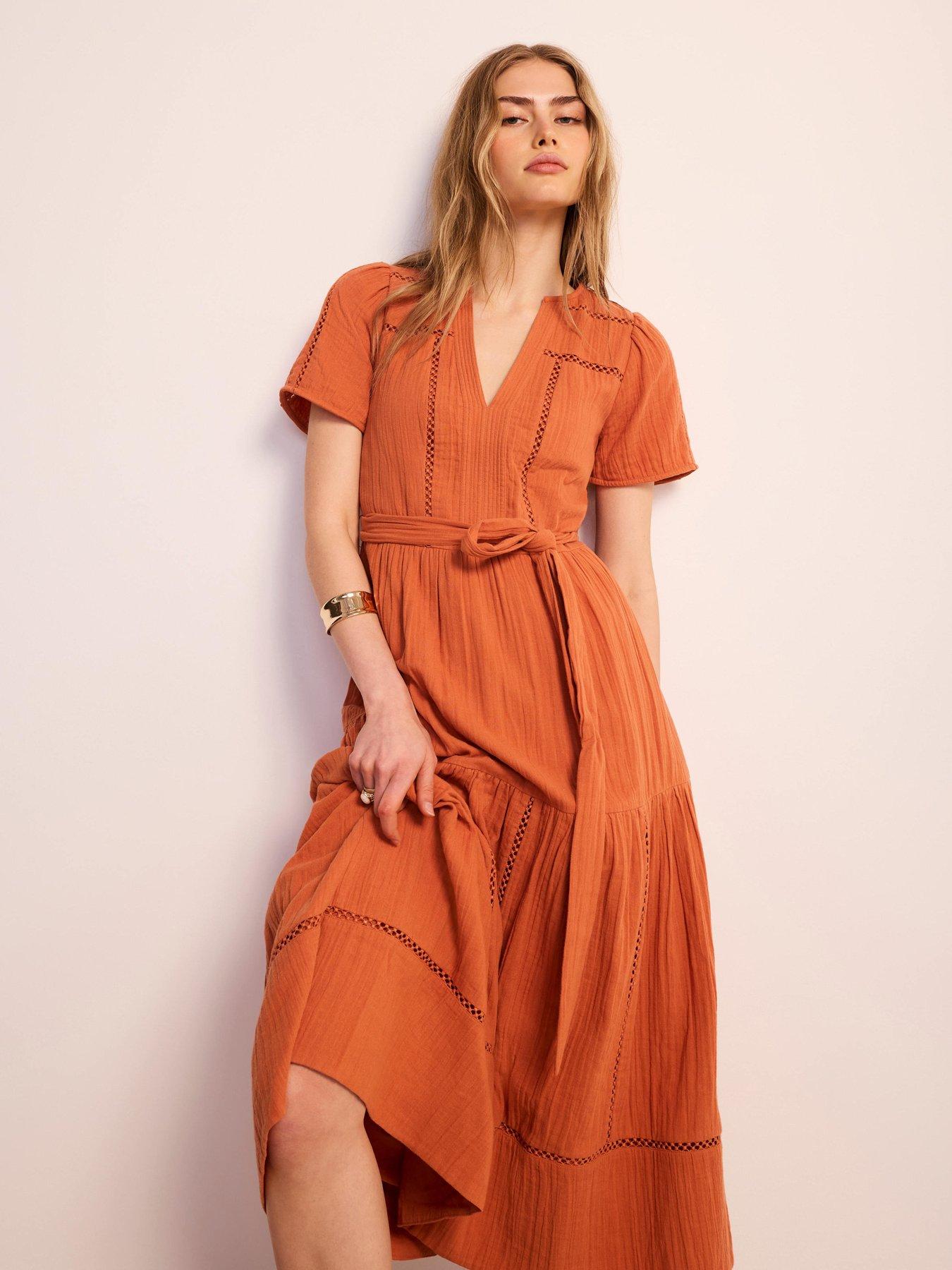 Mint Velvet Cotton Gauze Trim Maxi Dress, Orange, Size L, Women