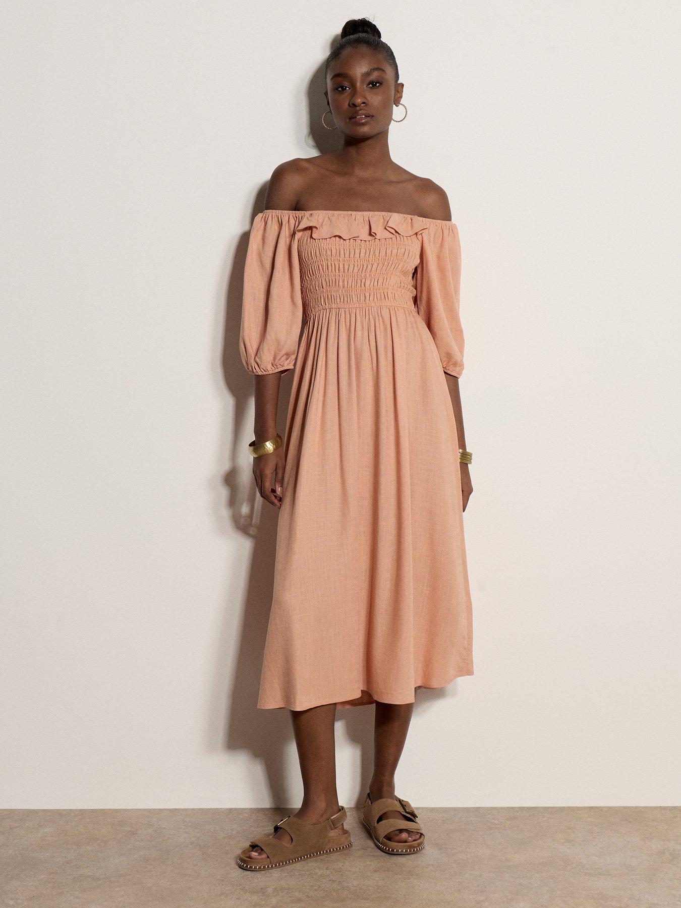 Apricot Midi Shirred Bardot Dress - Pink