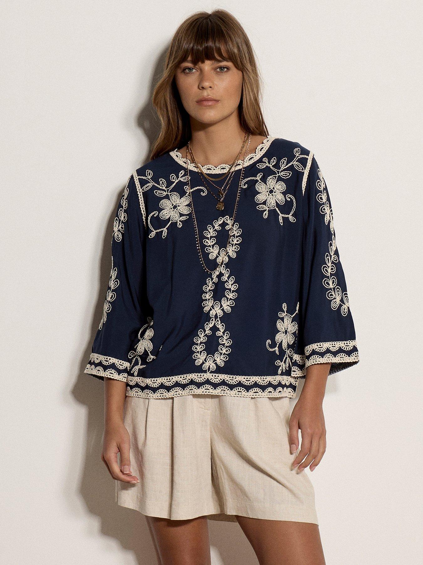 Apricot 2 Tone Embroidered Bell 3/4 Sleeve Top - Blue | Very