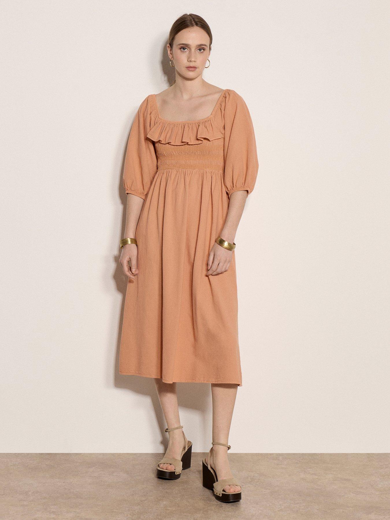 Image 1 of 4 of Apricot Ruffle Detail Smocked Milkmaid Dress - Pink