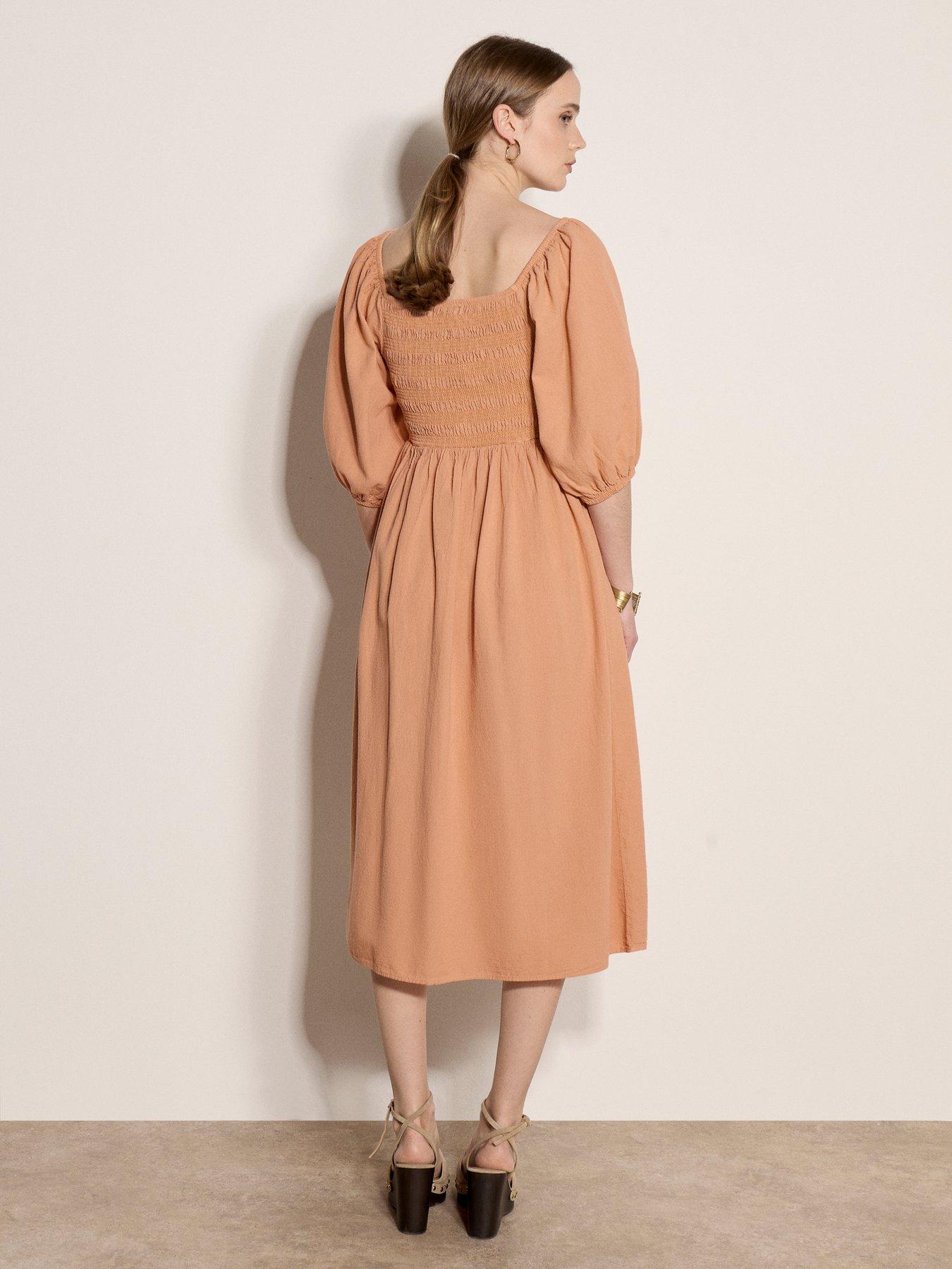 Image 2 of 4 of Apricot Ruffle Detail Smocked Milkmaid Dress - Pink
