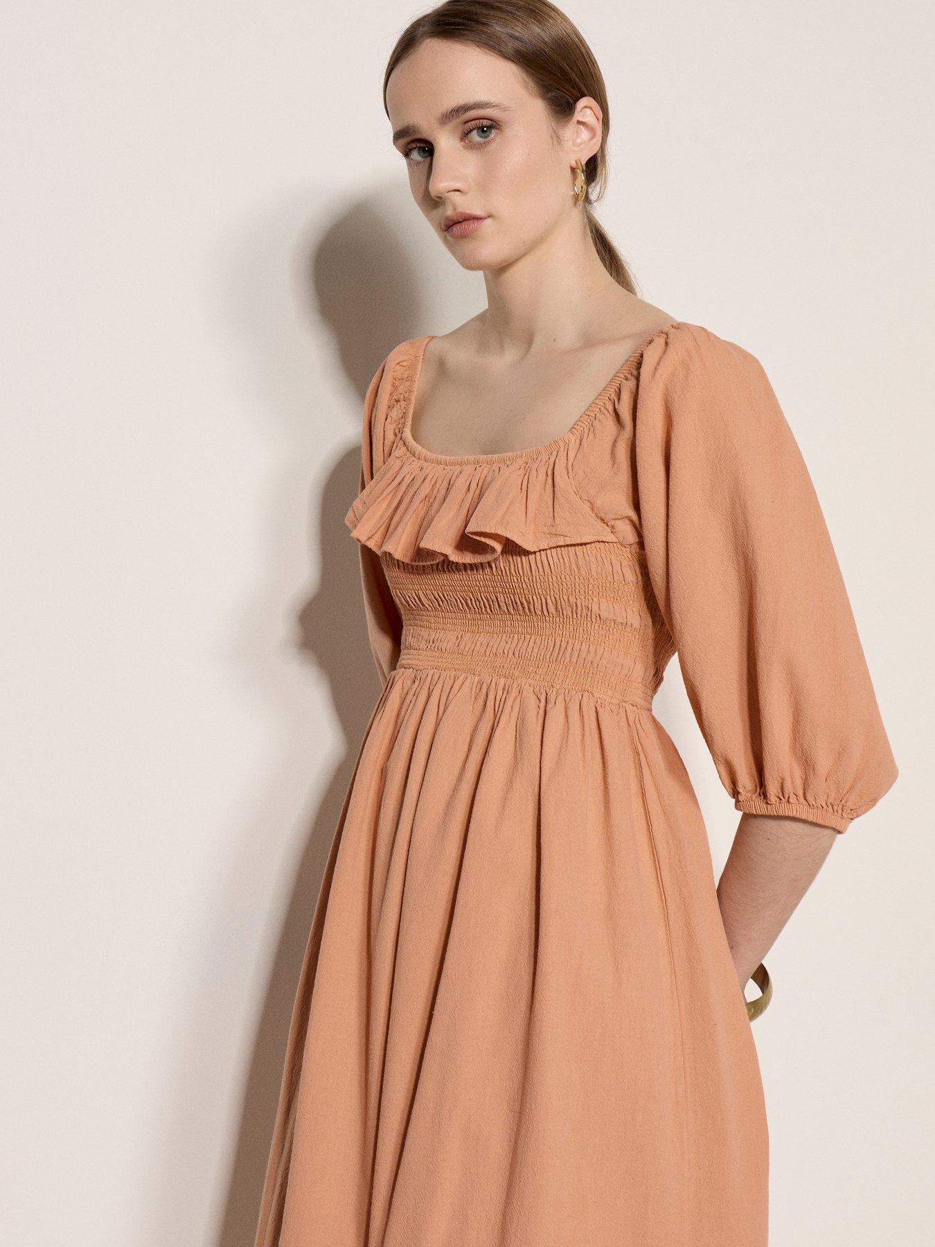 Image 3 of 4 of Apricot Ruffle Detail Smocked Milkmaid Dress - Pink