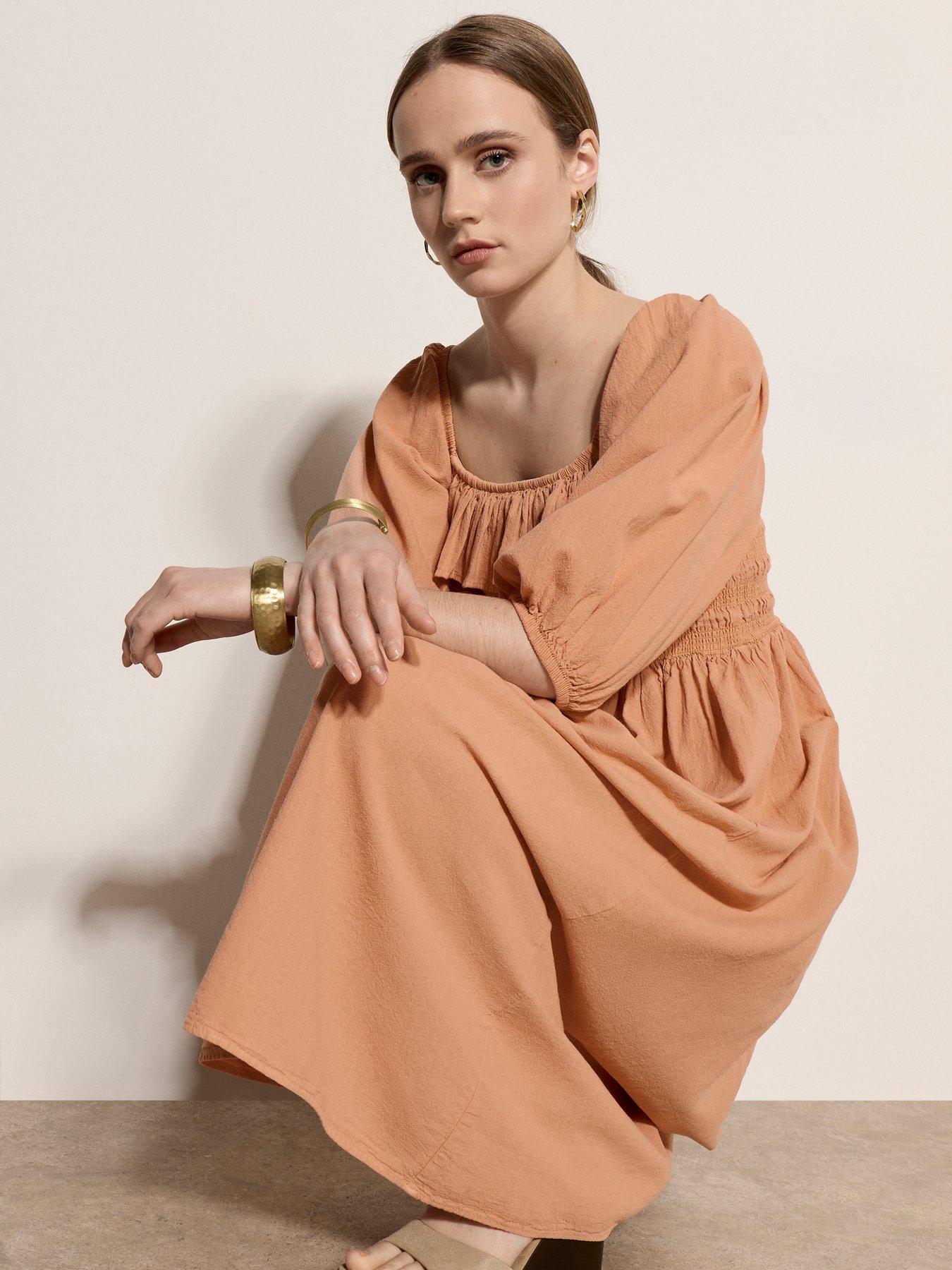 Image 4 of 4 of Apricot Ruffle Detail Smocked Milkmaid Dress - Pink