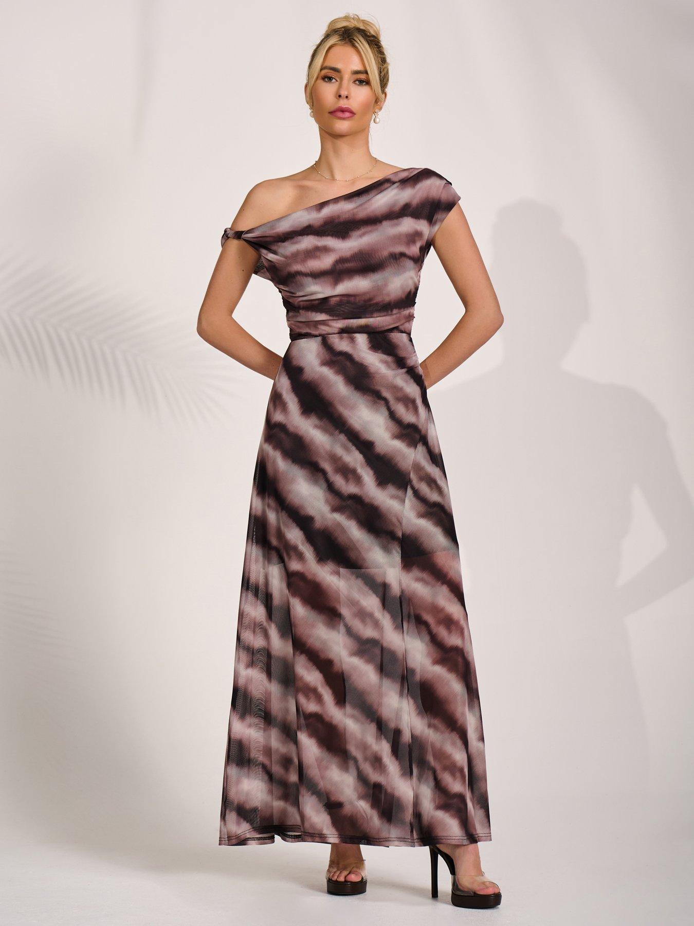 Jolie Moi Mesh Asymmetrical Off Shoulder Maxi Dress - Black