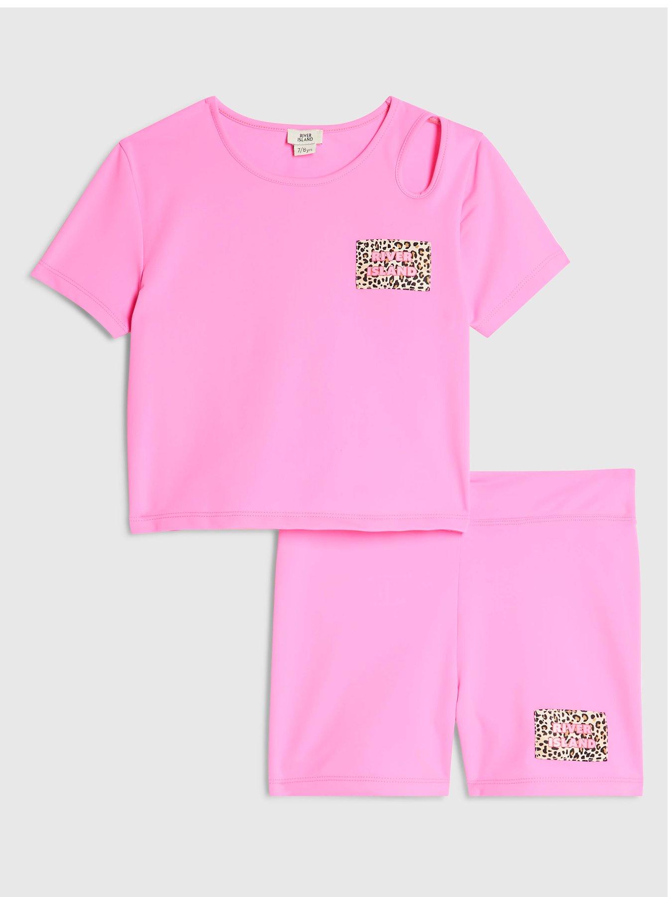 Image 1 of 5 of River Island Older Girls Active Leopard Detail T-Shirt And Shorts Set - Pink