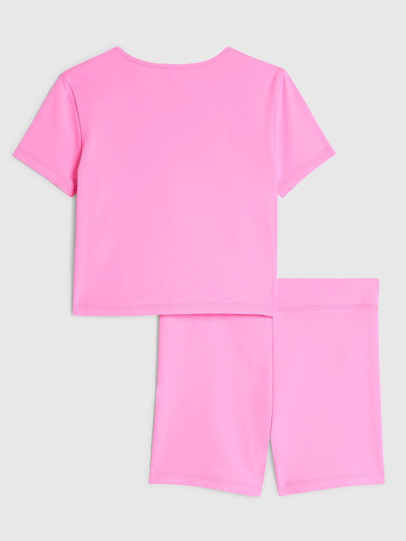 Image 2 of 5 of River Island Older Girls Active Leopard Detail T-Shirt And Shorts Set - Pink