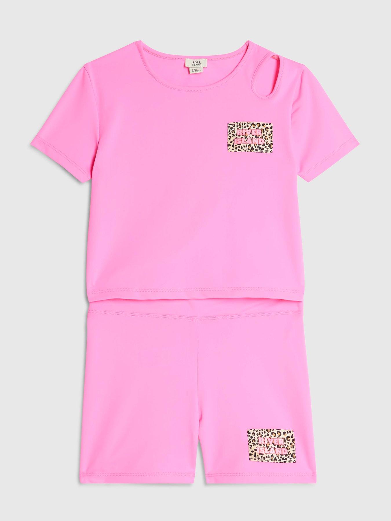Image 3 of 5 of River Island Older Girls Active Leopard Detail T-Shirt And Shorts Set - Pink