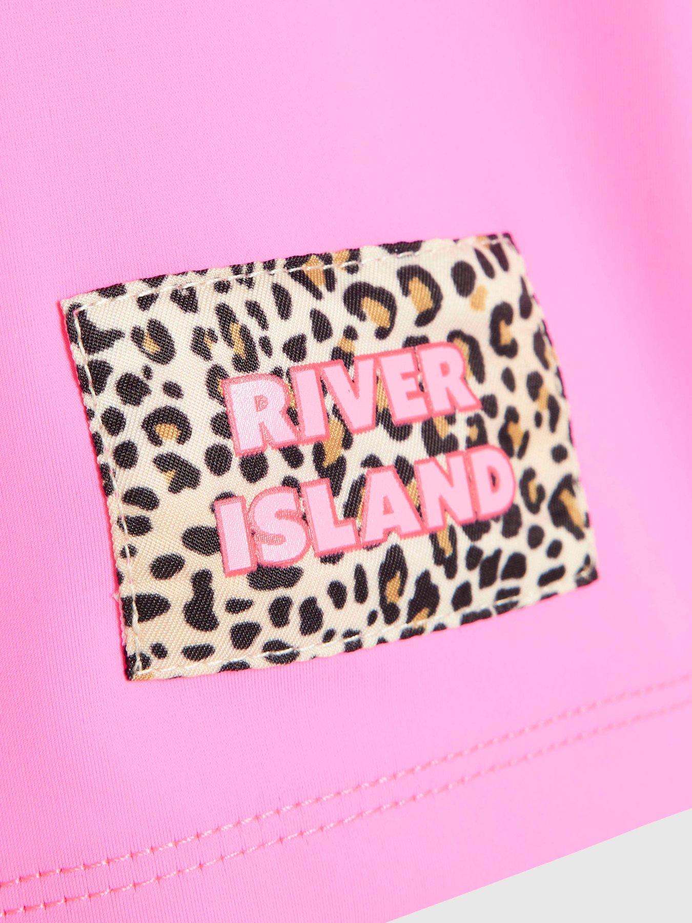 Image 4 of 5 of River Island Older Girls Active Leopard Detail T-Shirt And Shorts Set - Pink