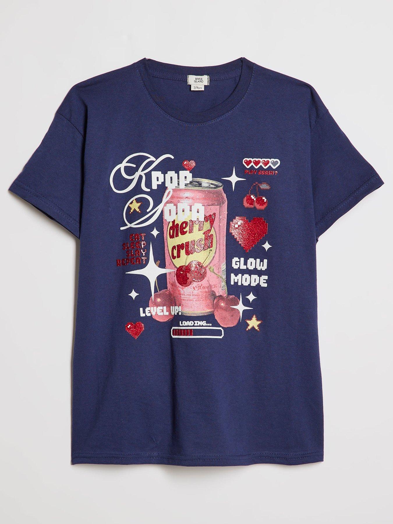 Image 1 of 4 of River Island Older Girls Kpop Cherry Soda T-Shirt - Navy
