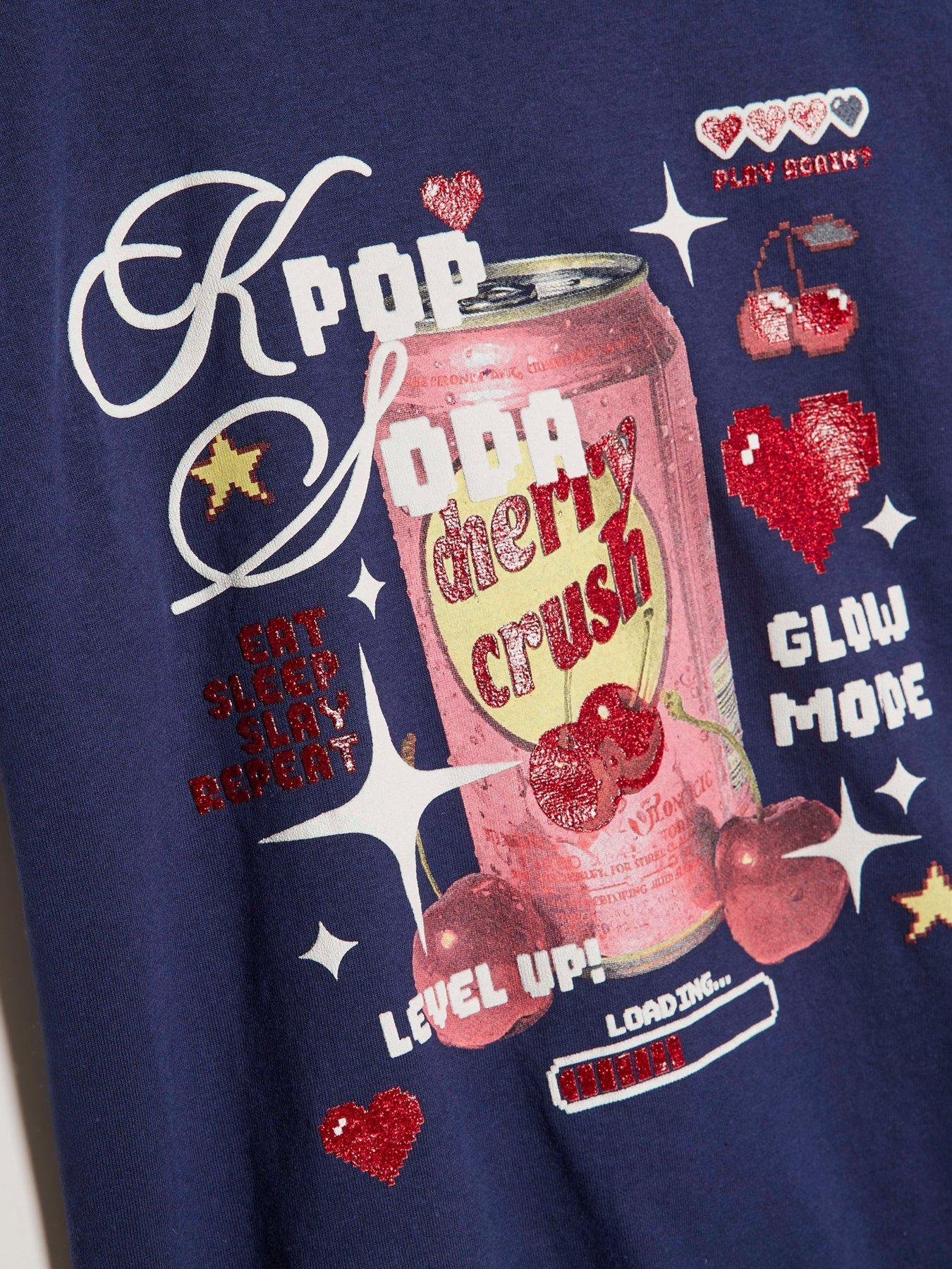 Image 4 of 4 of River Island Older Girls Kpop Cherry Soda T-Shirt - Navy